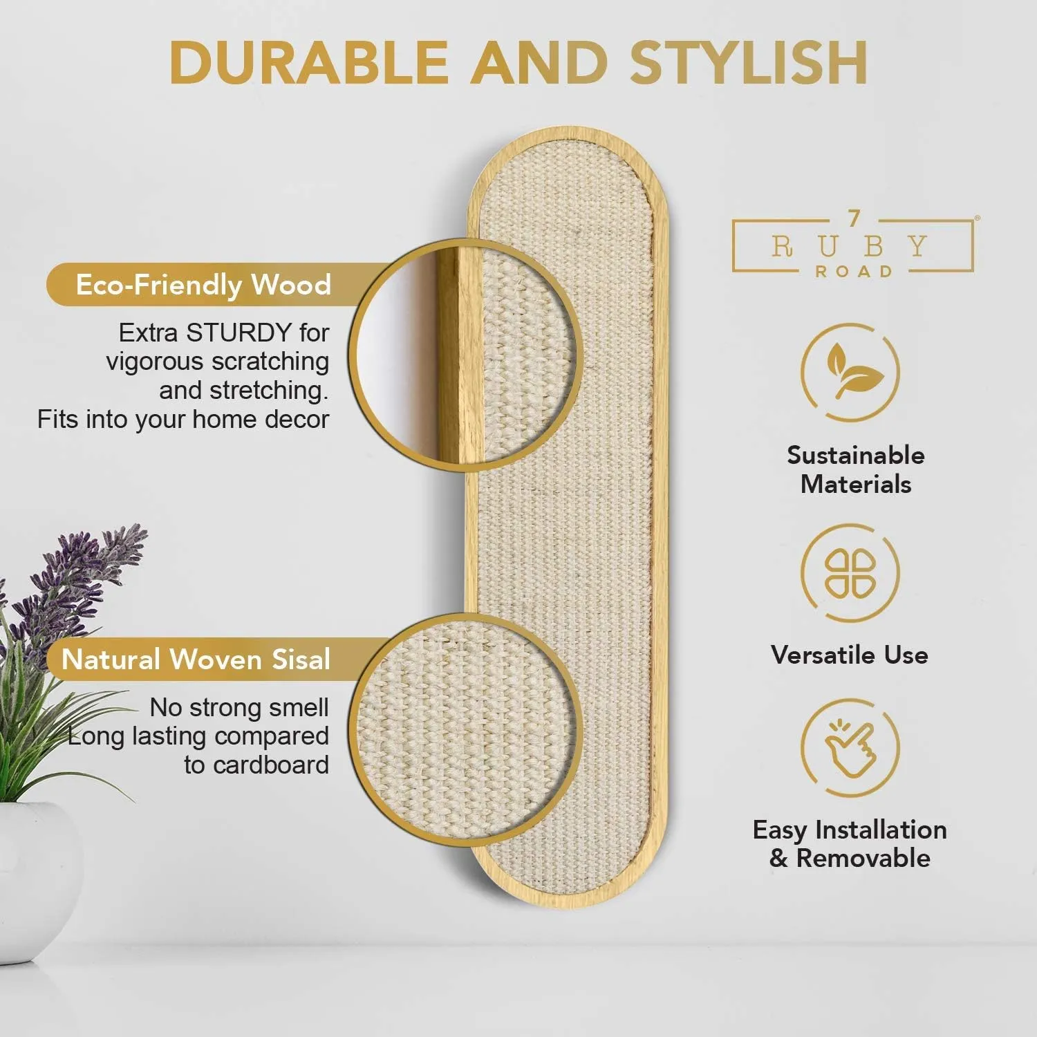 7 Ruby Road Wall Mounted Cat Scratcher - Indoor Vertical Scratching Board for Cats - Scratch Pad Post - Wall Furniture (Cream)