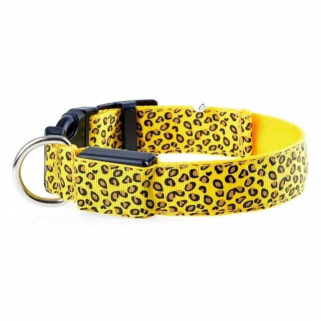 Adjustable LED Light Glow Pet Collar Leopard Nylon Pet Dog Cat Night Safety Luminous Flashing Necklace Glowing Neck Belt XWBE.
