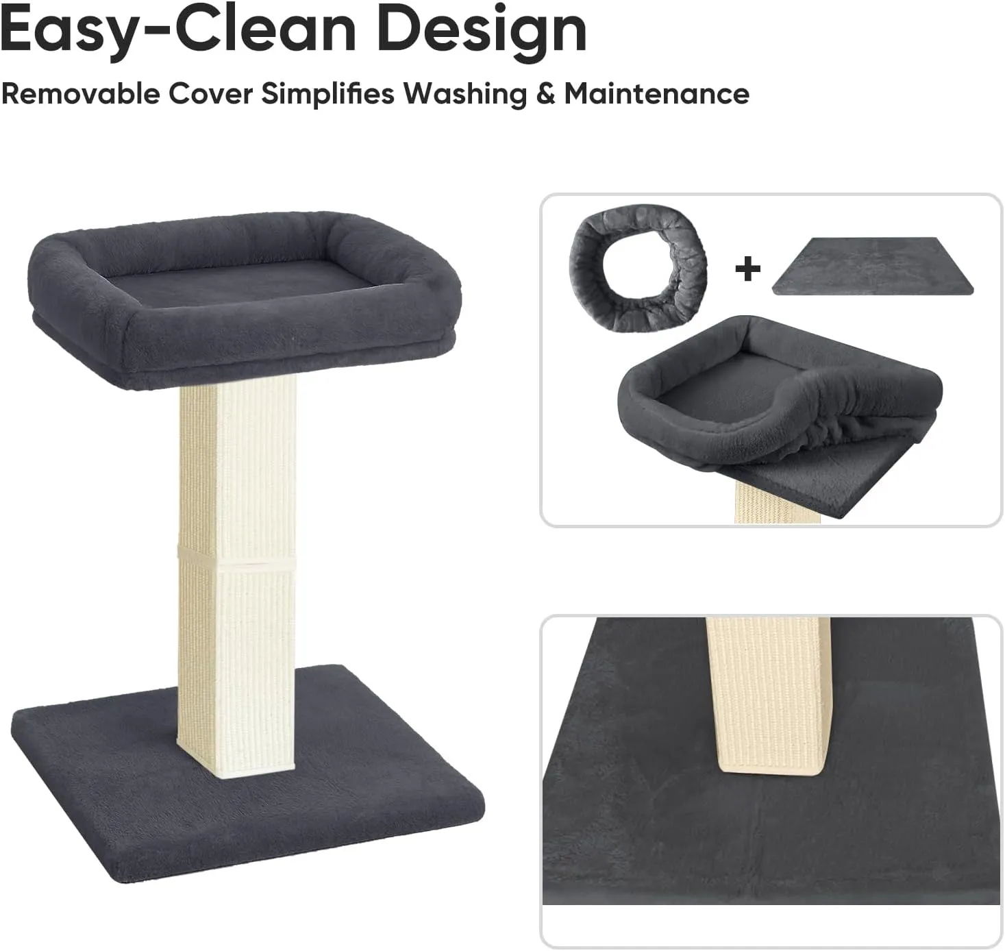 AGYM Cat Scratching Post, 32Cat Scratcher with Large Plush Perch, Sisal & Carpet Scratching Post, Vertical Posts with Elevated Bed for Indoor Cats, Removable& Washable Cover, Darkgrey