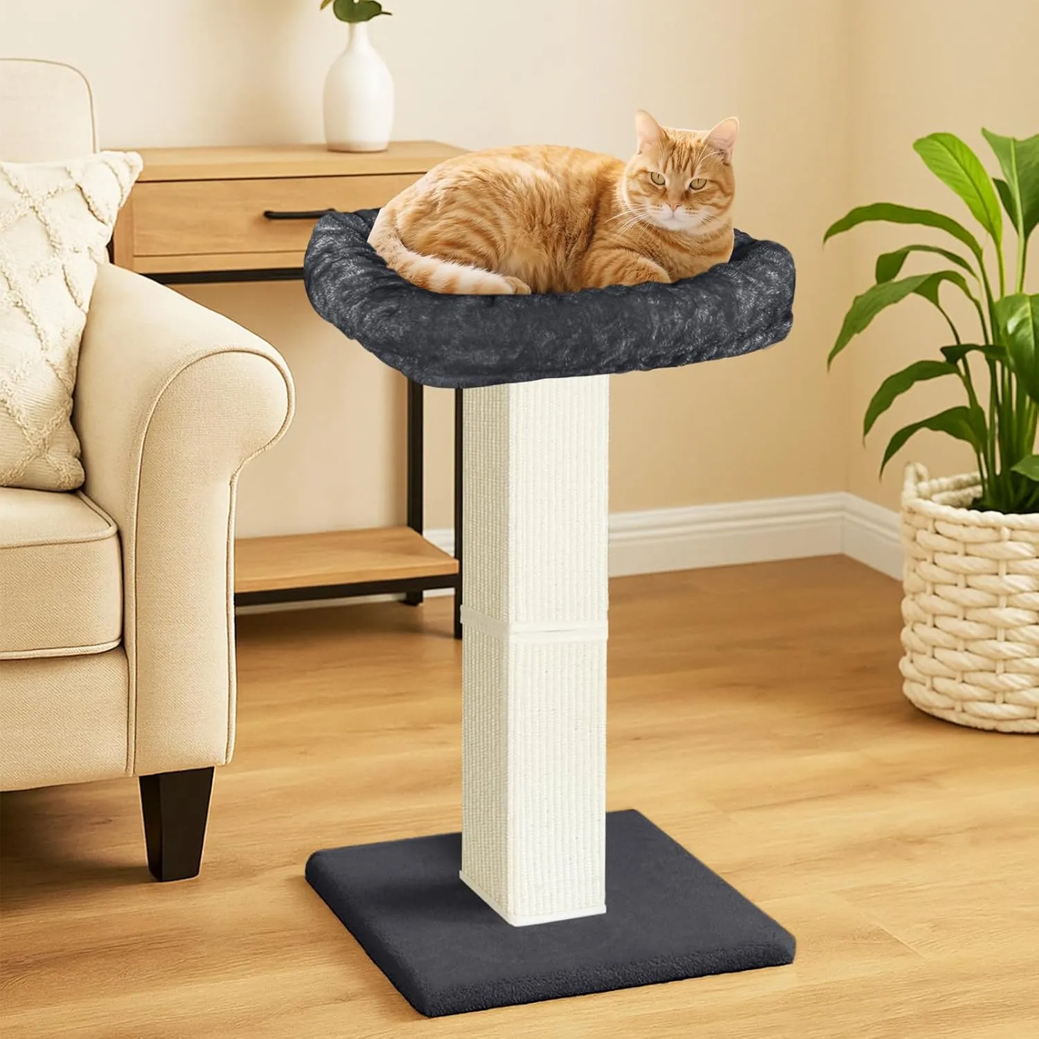 AGYM Cat Scratching Post, 32Cat Scratcher with Large Plush Perch, Sisal & Carpet Scratching Post, Vertical Posts with Elevated Bed for Indoor Cats, Removable& Washable Cover, Darkgrey