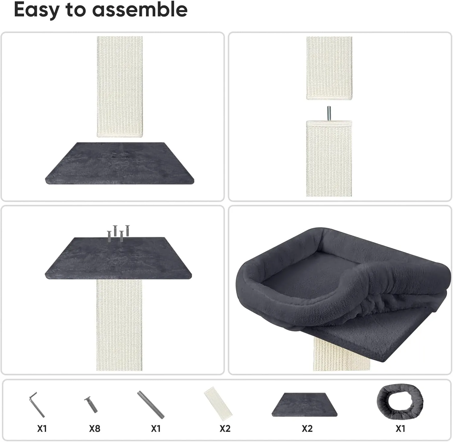 AGYM Cat Scratching Post, 32Cat Scratcher with Large Plush Perch, Sisal & Carpet Scratching Post, Vertical Posts with Elevated Bed for Indoor Cats, Removable& Washable Cover, Darkgrey