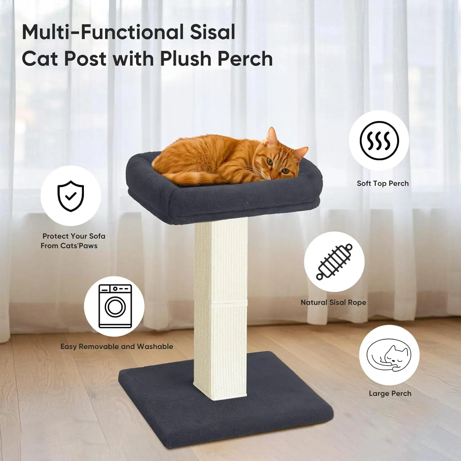 AGYM Cat Scratching Post, 32Cat Scratcher with Large Plush Perch, Sisal & Carpet Scratching Post, Vertical Posts with Elevated Bed for Indoor Cats, Removable& Washable Cover, Darkgrey
