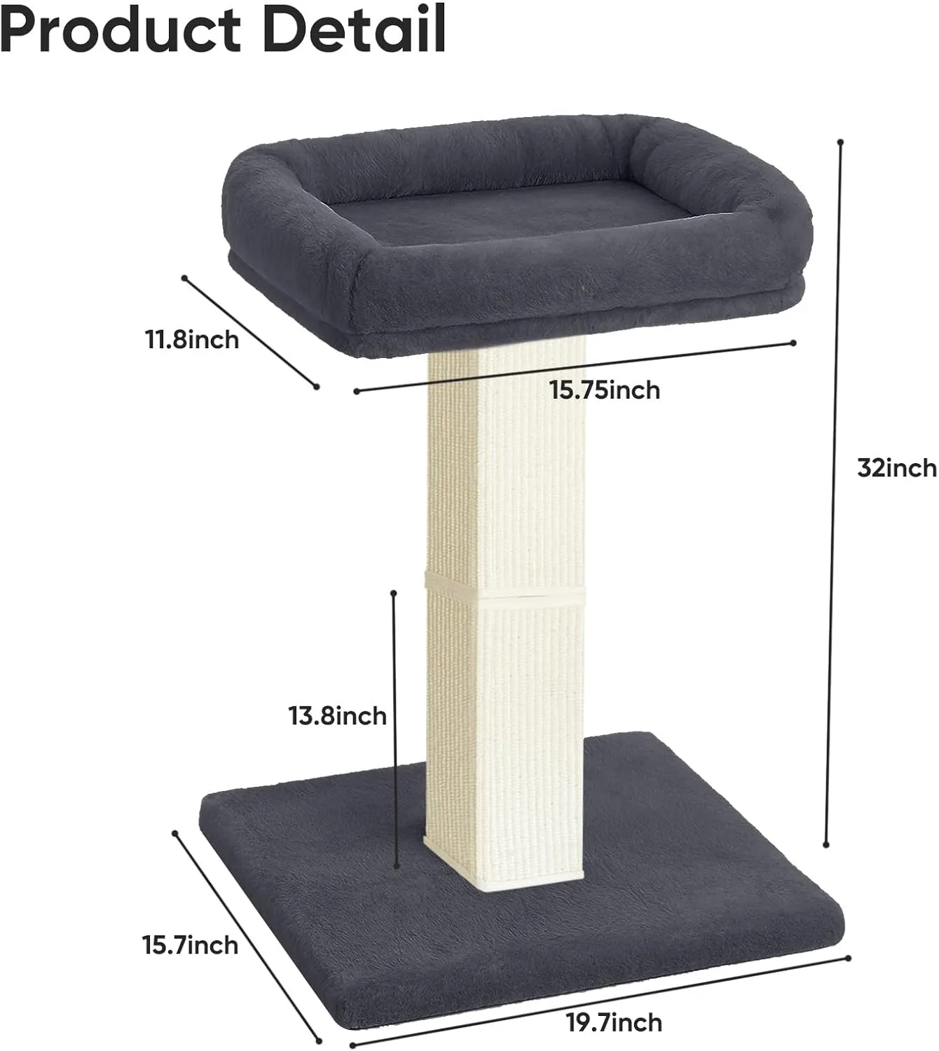 AGYM Cat Scratching Post, 32Cat Scratcher with Large Plush Perch, Sisal & Carpet Scratching Post, Vertical Posts with Elevated Bed for Indoor Cats, Removable& Washable Cover, Darkgrey