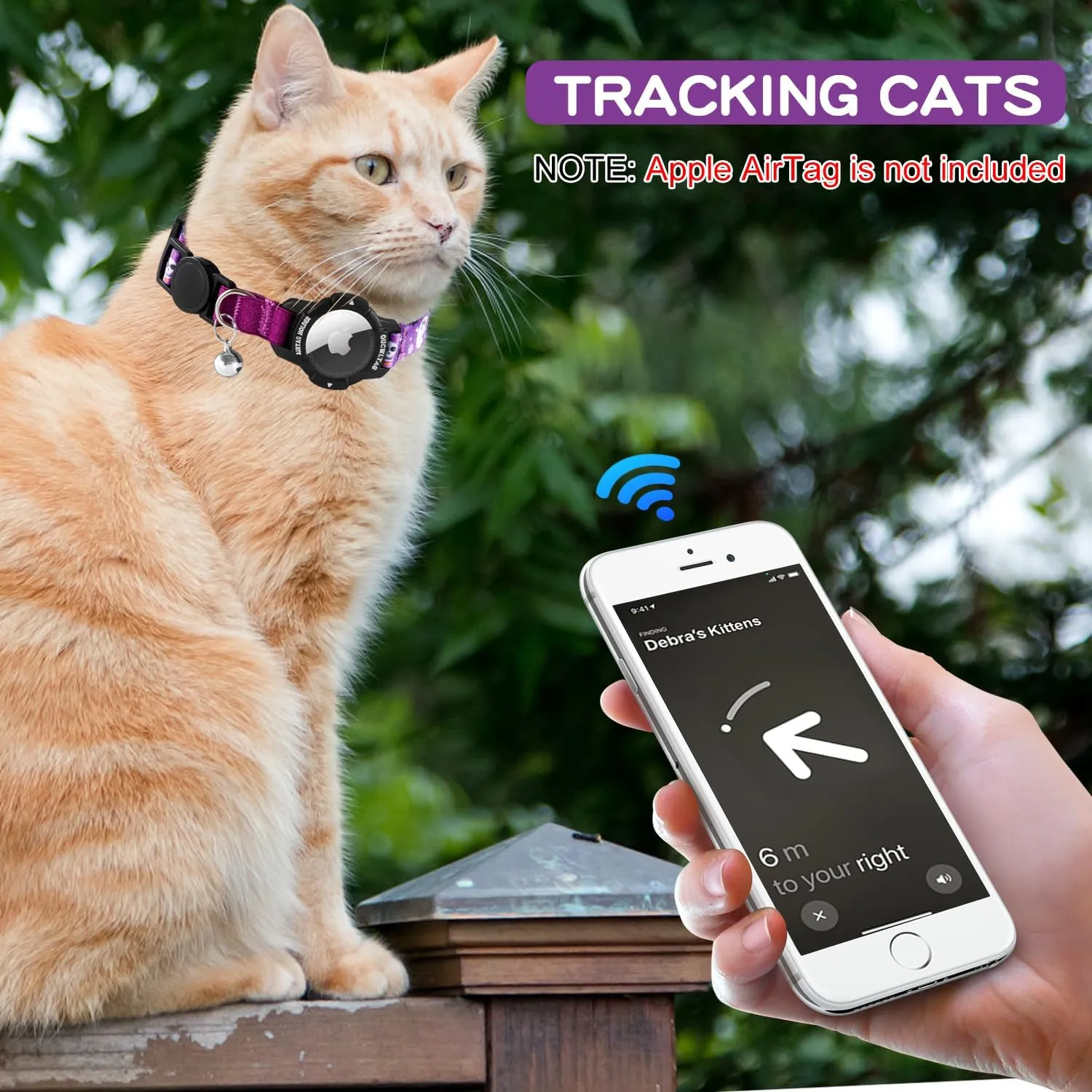 AirTag Cat Collar Breakaway, OUCWLTAG Integrated GPS Cat Collar with Luminous Apple Air Tag Holder, Cat Tracker Collars with Safety Elastic Band for Cats, Kittens and Puppies (Purple, 9-13 Inch)
