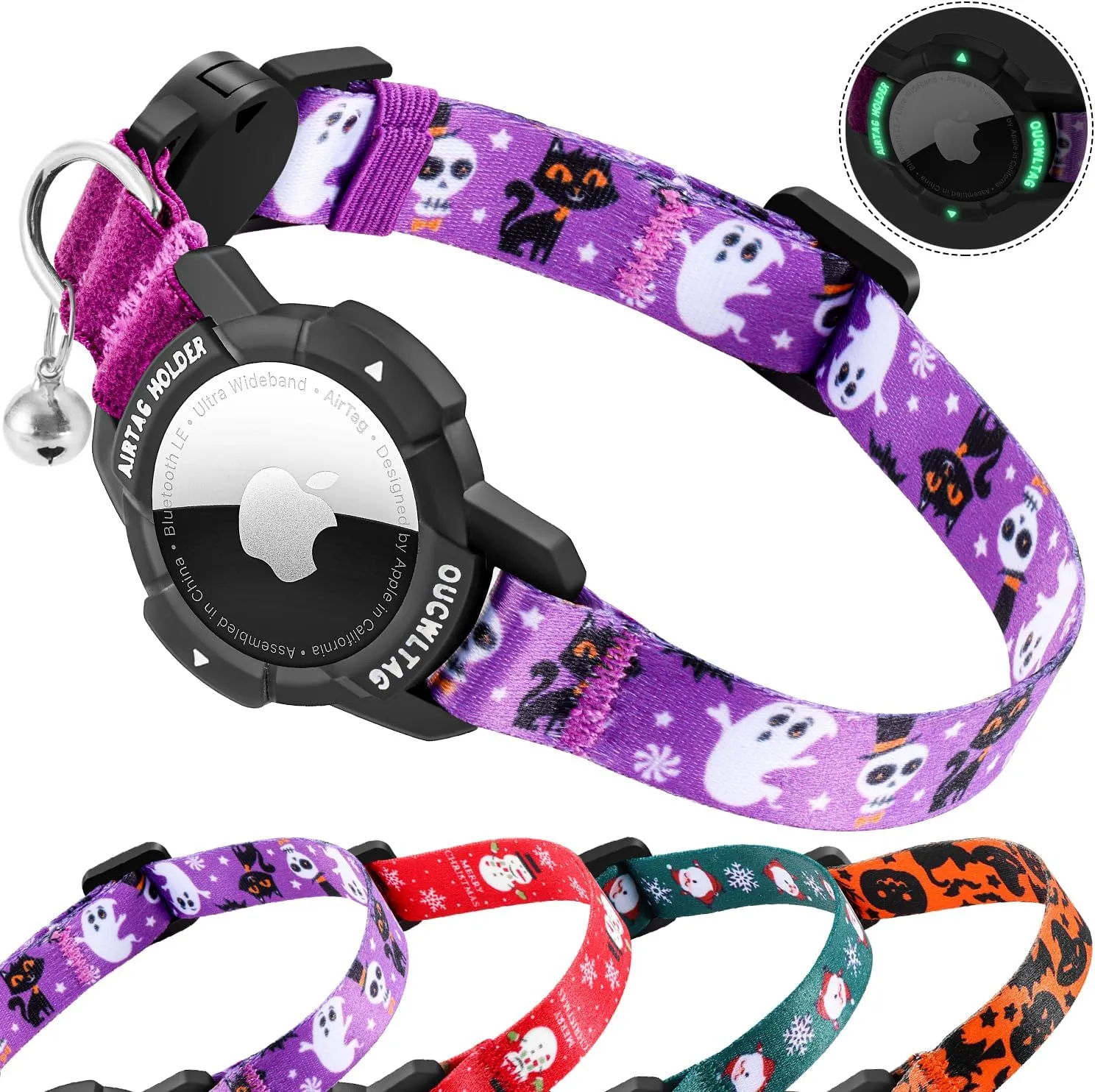 AirTag Cat Collar Breakaway, OUCWLTAG Integrated GPS Cat Collar with Luminous Apple Air Tag Holder, Cat Tracker Collars with Safety Elastic Band for Cats, Kittens and Puppies (Purple, 9-13 Inch)