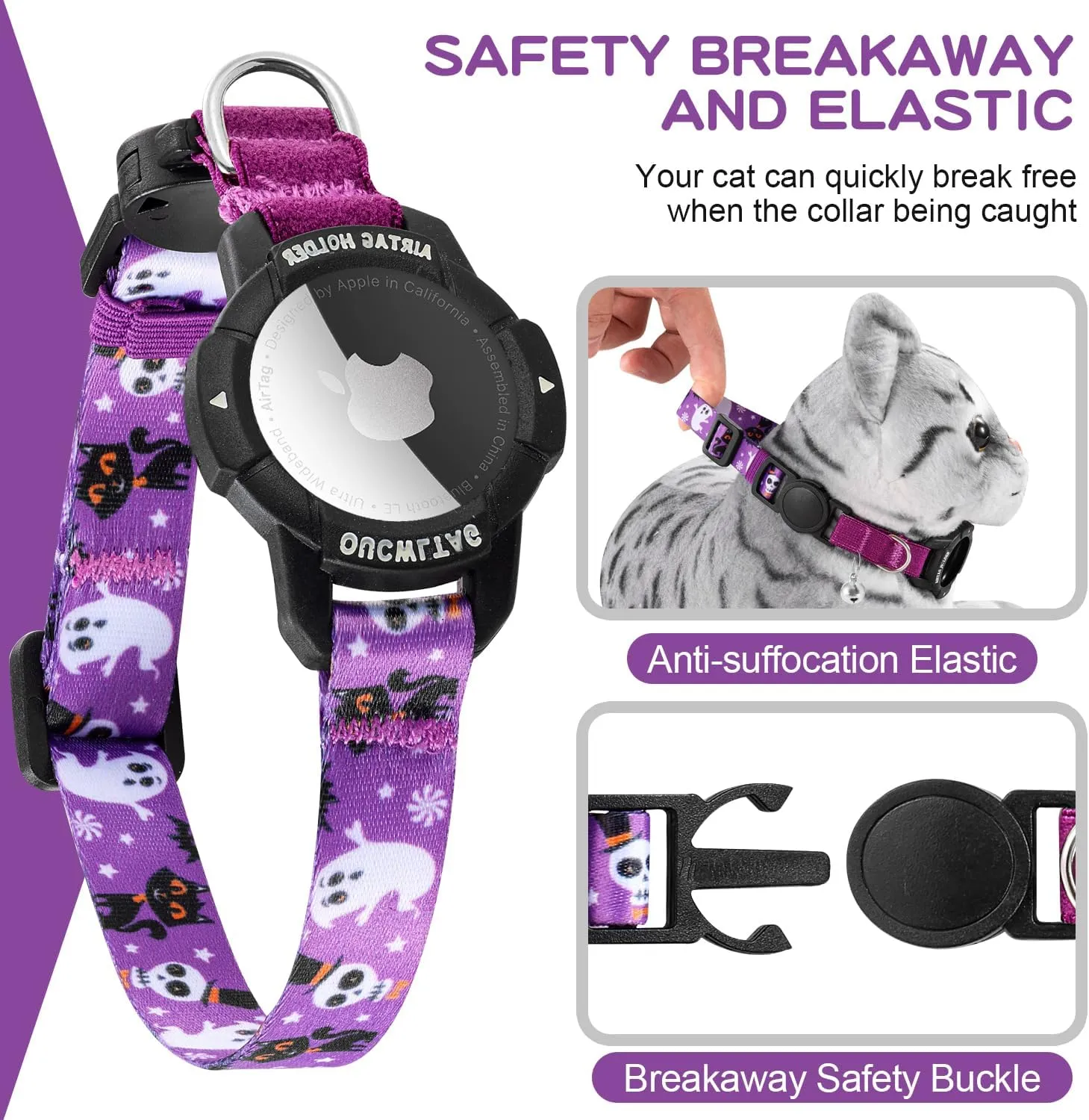 AirTag Cat Collar Breakaway, OUCWLTAG Integrated GPS Cat Collar with Luminous Apple Air Tag Holder, Cat Tracker Collars with Safety Elastic Band for Cats, Kittens and Puppies (Purple, 9-13 Inch)