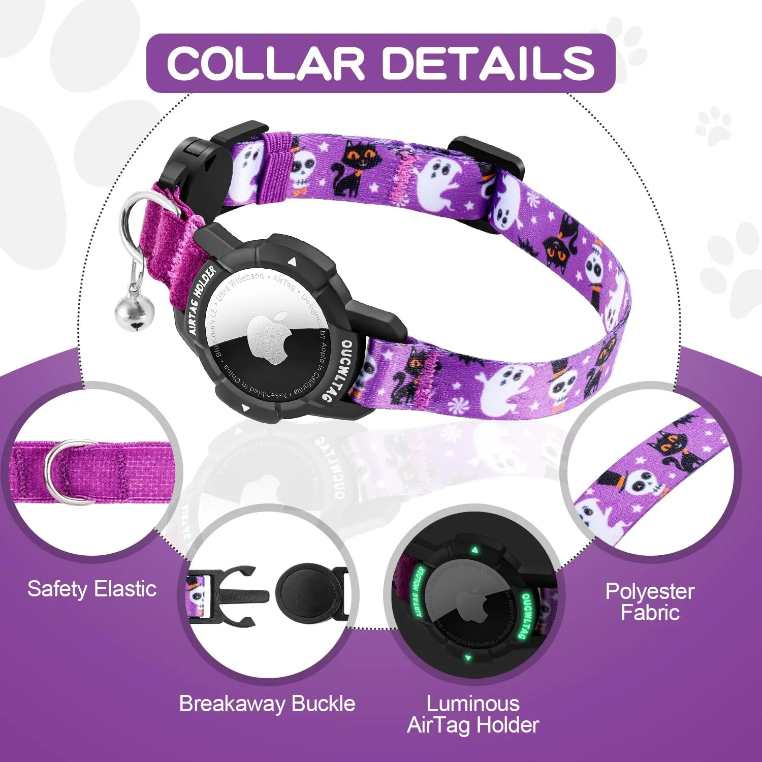 AirTag Cat Collar Breakaway, OUCWLTAG Integrated GPS Cat Collar with Luminous Apple Air Tag Holder, Cat Tracker Collars with Safety Elastic Band for Cats, Kittens and Puppies (Purple, 9-13 Inch)