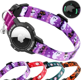 AirTag Cat Collar Breakaway, OUCWLTAG Integrated GPS Cat Collar with Luminous Apple Air Tag Holder, Cat Tracker Collars with Safety Elastic Band for Cats, Kittens and Puppies (Purple, 9-13 Inch)