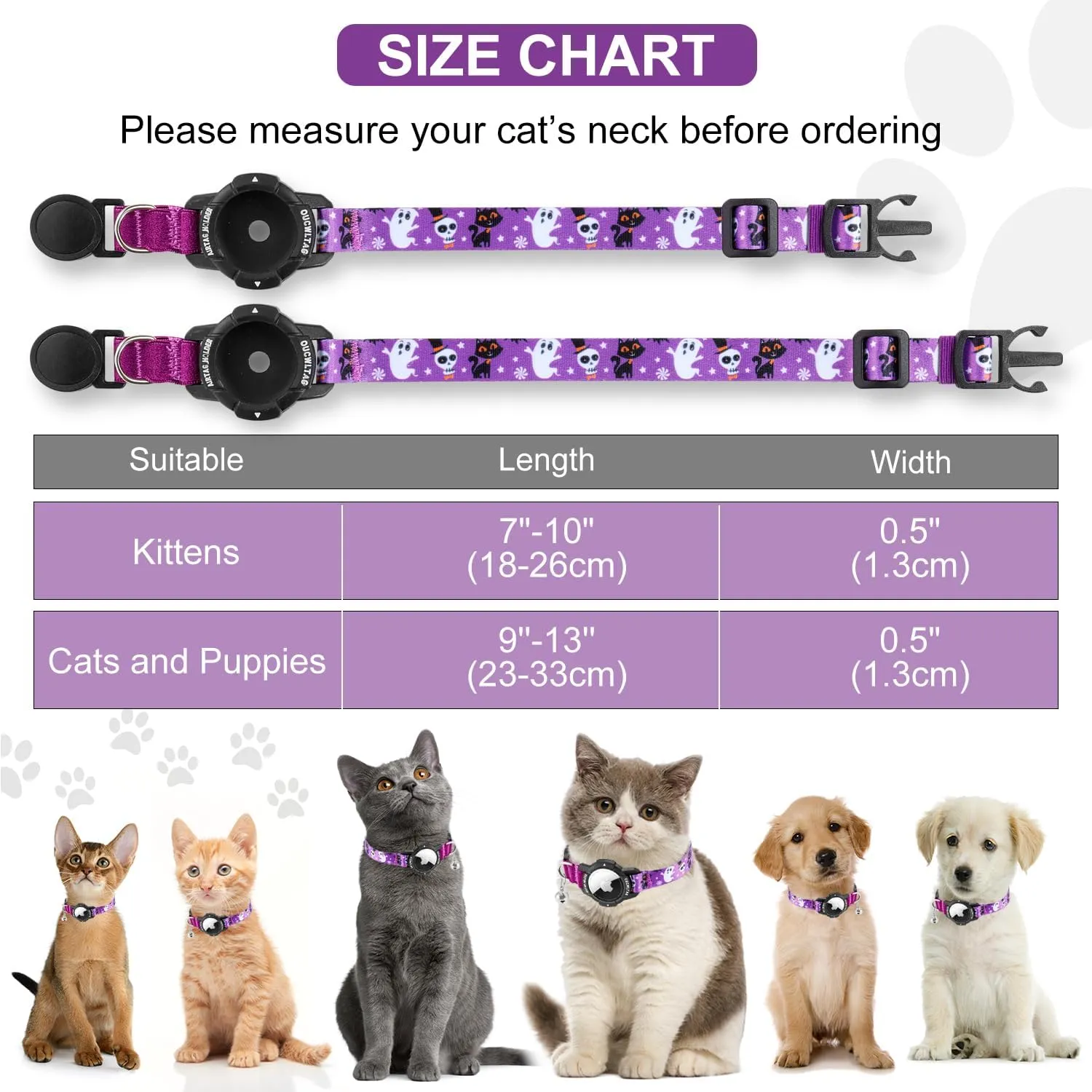 AirTag Cat Collar Breakaway, OUCWLTAG Integrated GPS Cat Collar with Luminous Apple Air Tag Holder, Cat Tracker Collars with Safety Elastic Band for Cats, Kittens and Puppies (Purple, 9-13 Inch)