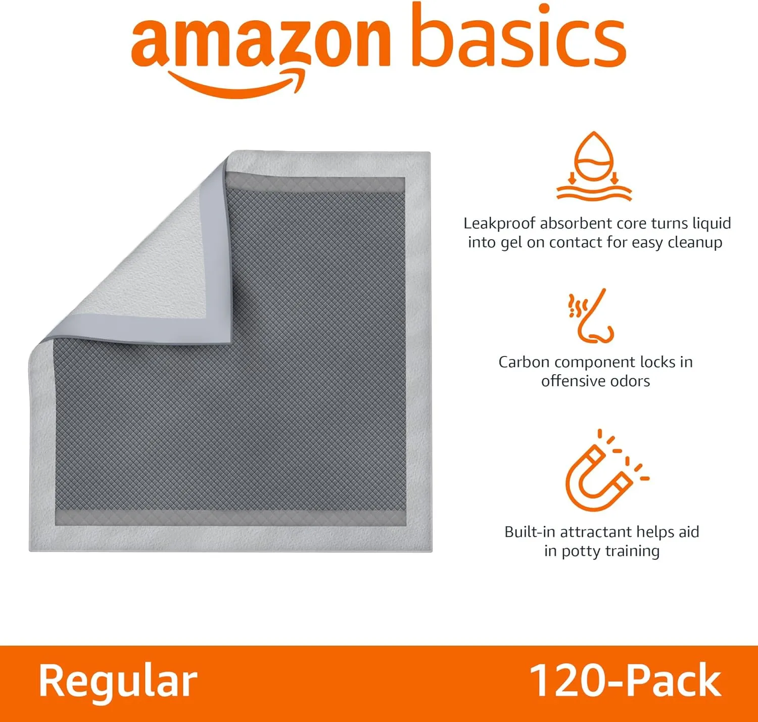 Amazon Basics Dog and Puppy Pee Pads with 5-Layer Leak-Proof Design and Super Absorbent Surface for Potty Training, Odor-Control Carbon, Regular Size, 22 x 22 Inch - Pack of 120, Gray
