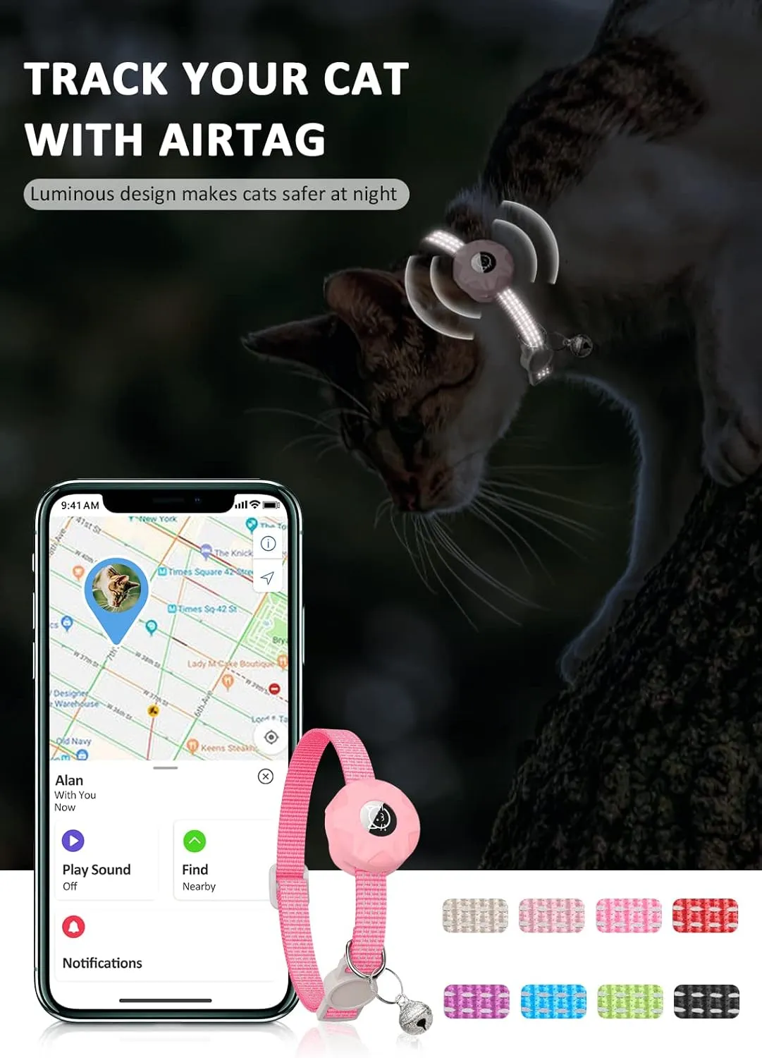 Apple AirTag Cat Collar, GPS Tracker Kitten Collar with Reflective Breakaway Holder and Bell, Lightweight for Cats & Kittens (Pink)
