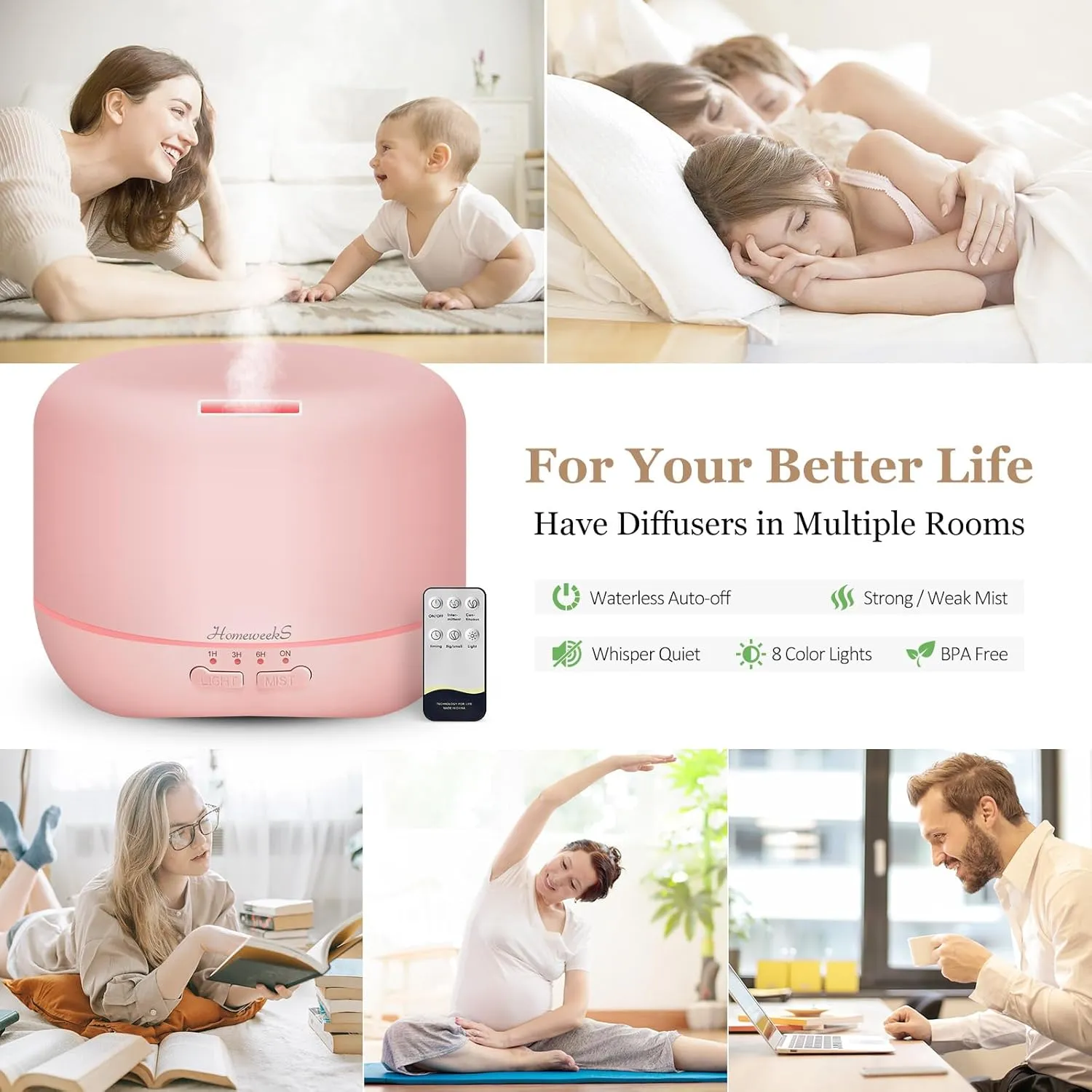 Aromatherapy Essential Oil Diffuser for Room: Air Humidifier Aroma Scent Cool Mist Colorful Lights Cute Small Large Waterless Auto Off Ultrasonic Diffusers for Home Bedroom Pink (300ml)