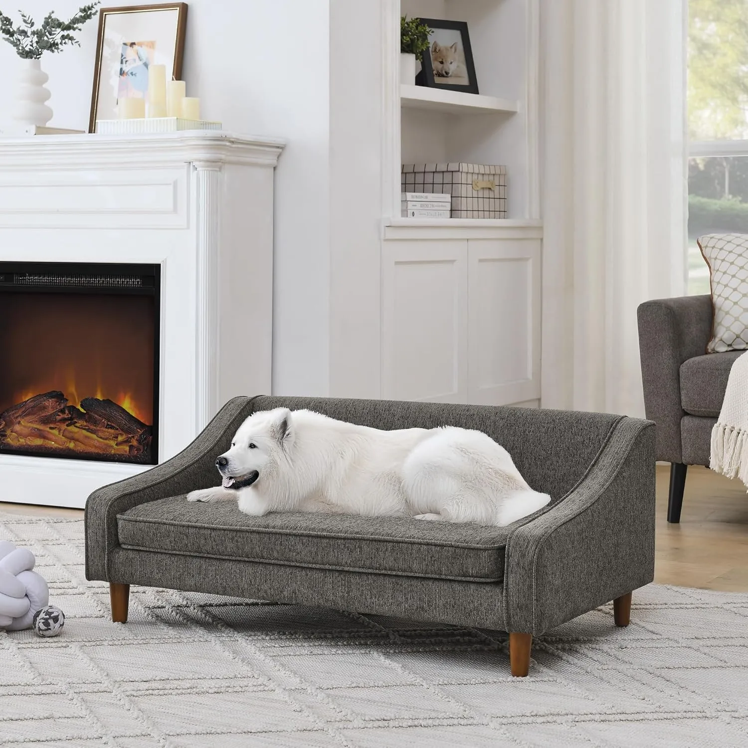 Ball & Cast Durable Elevated Dog Sofa Bed,Modern Pet Sofa with Irregular Armrest Design & Foot Support,Linen Fabric Comfortable Dog Bed for Livingroom,Bedroom,Apartment,Easy Assembly & Clean,Dark Gray