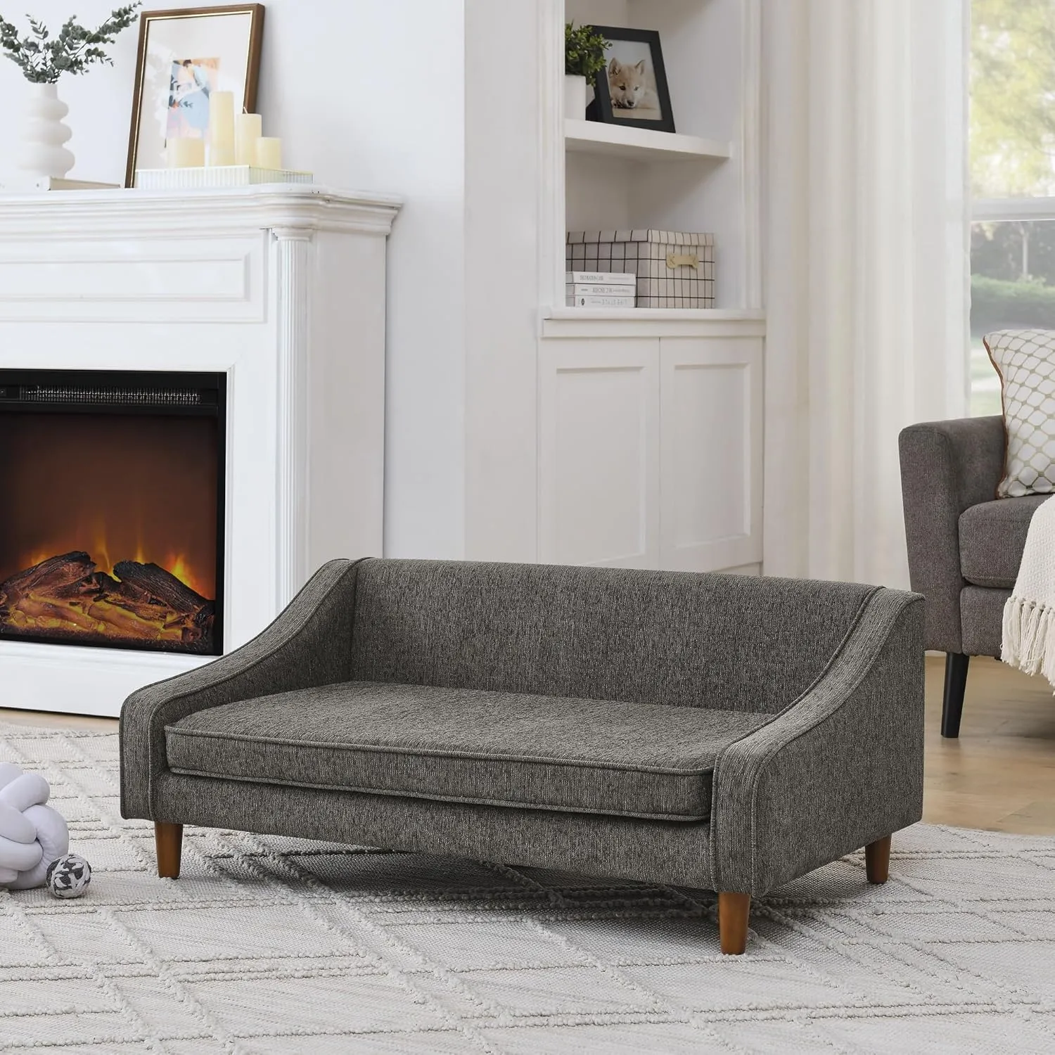 Ball & Cast Durable Elevated Dog Sofa Bed,Modern Pet Sofa with Irregular Armrest Design & Foot Support,Linen Fabric Comfortable Dog Bed for Livingroom,Bedroom,Apartment,Easy Assembly & Clean,Dark Gray
