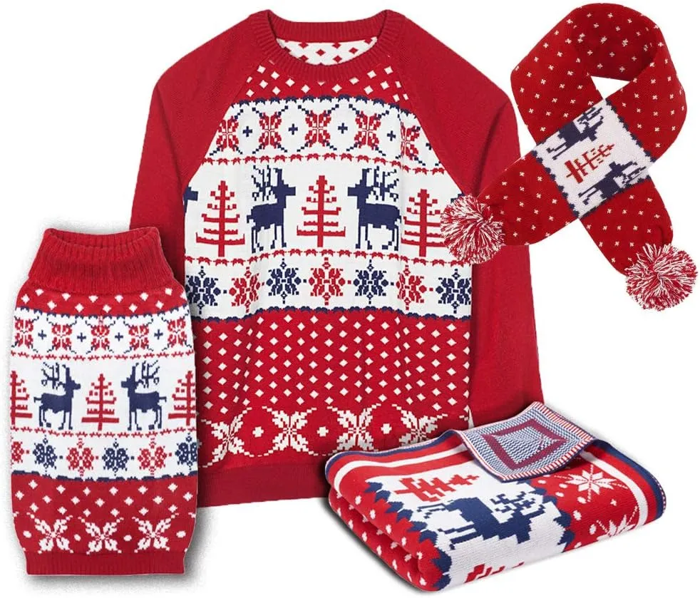 Blueberry Pet Vintage Ugly Christmas Reindeer Holiday Festive Dog Scarf in Tango Red & Navy Blue, Large