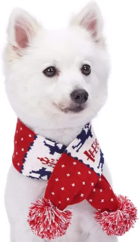 Blueberry Pet Vintage Ugly Christmas Reindeer Holiday Festive Dog Scarf in Tango Red & Navy Blue, Large