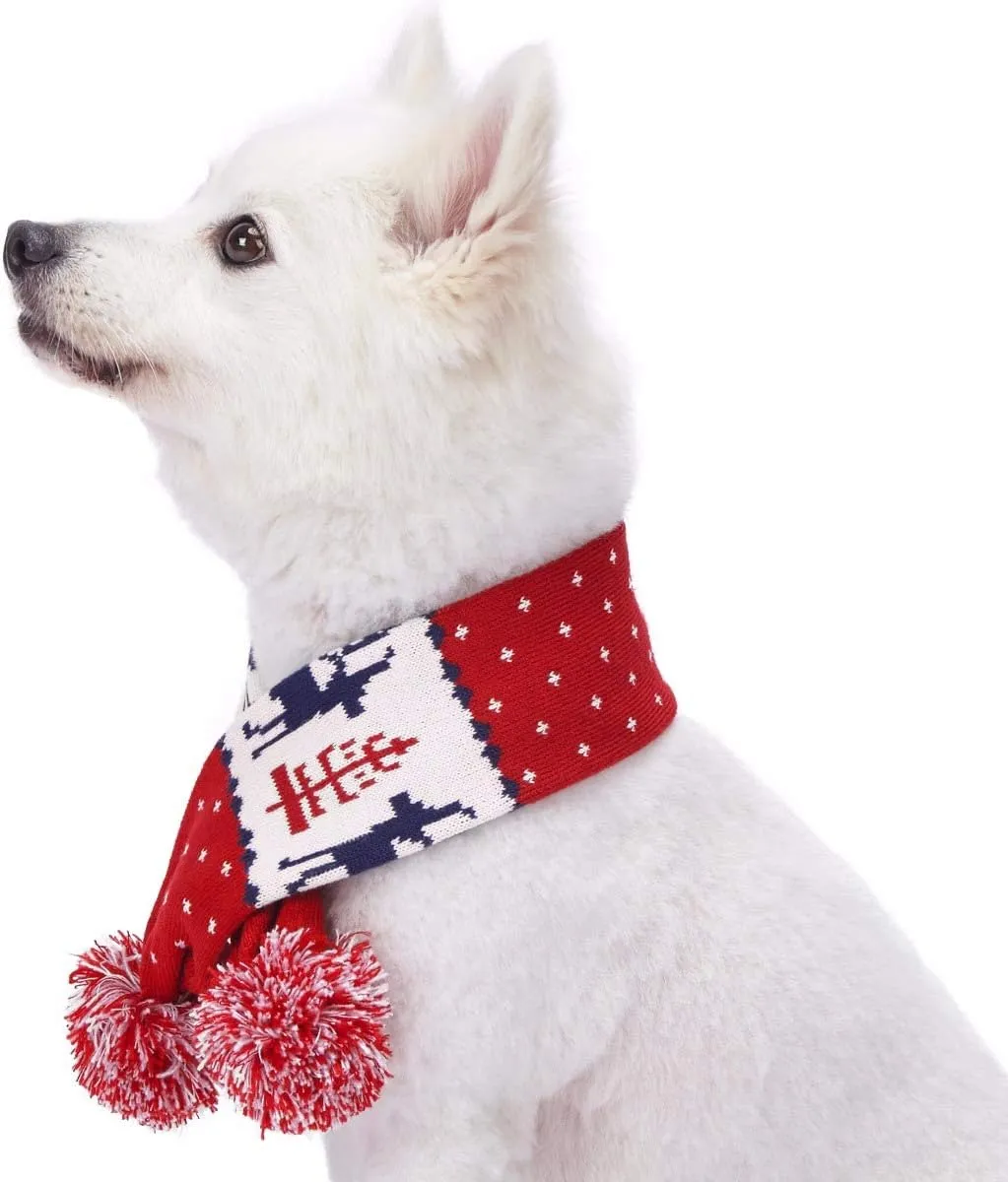 Blueberry Pet Vintage Ugly Christmas Reindeer Holiday Festive Dog Scarf in Tango Red & Navy Blue, Large