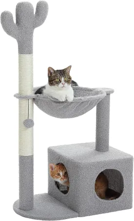 Cactus Cat Tree Cat Scratching Post 40" Cat Tower with Large Metal Carpet Hammock, Cat Scratching Post for Indoor Cats with Condo & Dangling Ball, Grey
