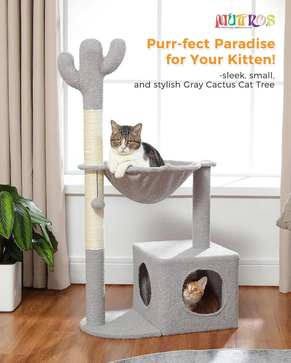 Cactus Cat Tree Cat Scratching Post 40" Cat Tower with Large Metal Carpet Hammock, Cat Scratching Post for Indoor Cats with Condo & Dangling Ball, Grey
