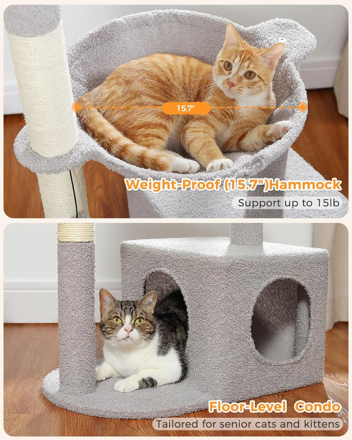 Cactus Cat Tree Cat Scratching Post 40" Cat Tower with Large Metal Carpet Hammock, Cat Scratching Post for Indoor Cats with Condo & Dangling Ball, Grey