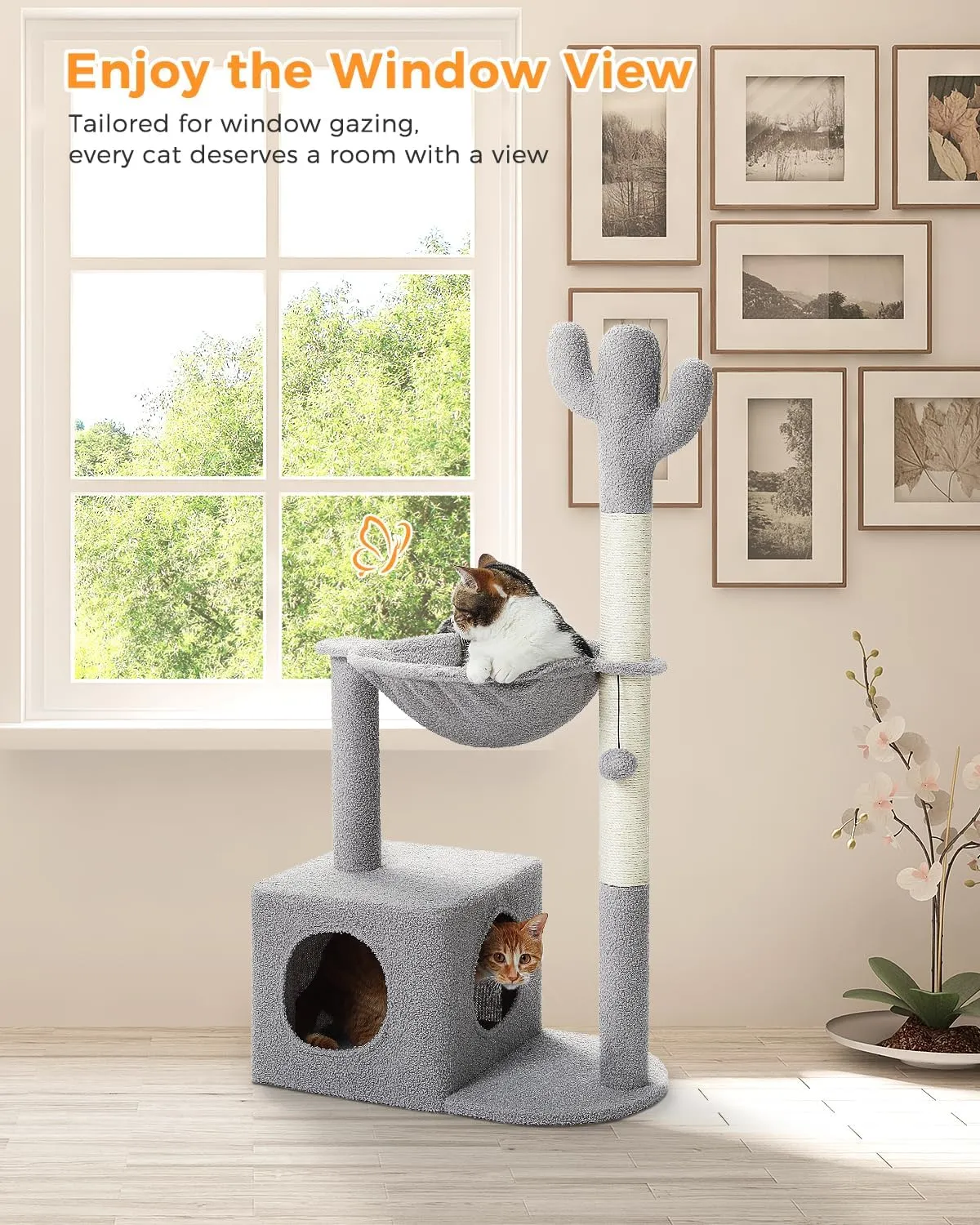 Cactus Cat Tree Cat Scratching Post 40" Cat Tower with Large Metal Carpet Hammock, Cat Scratching Post for Indoor Cats with Condo & Dangling Ball, Grey