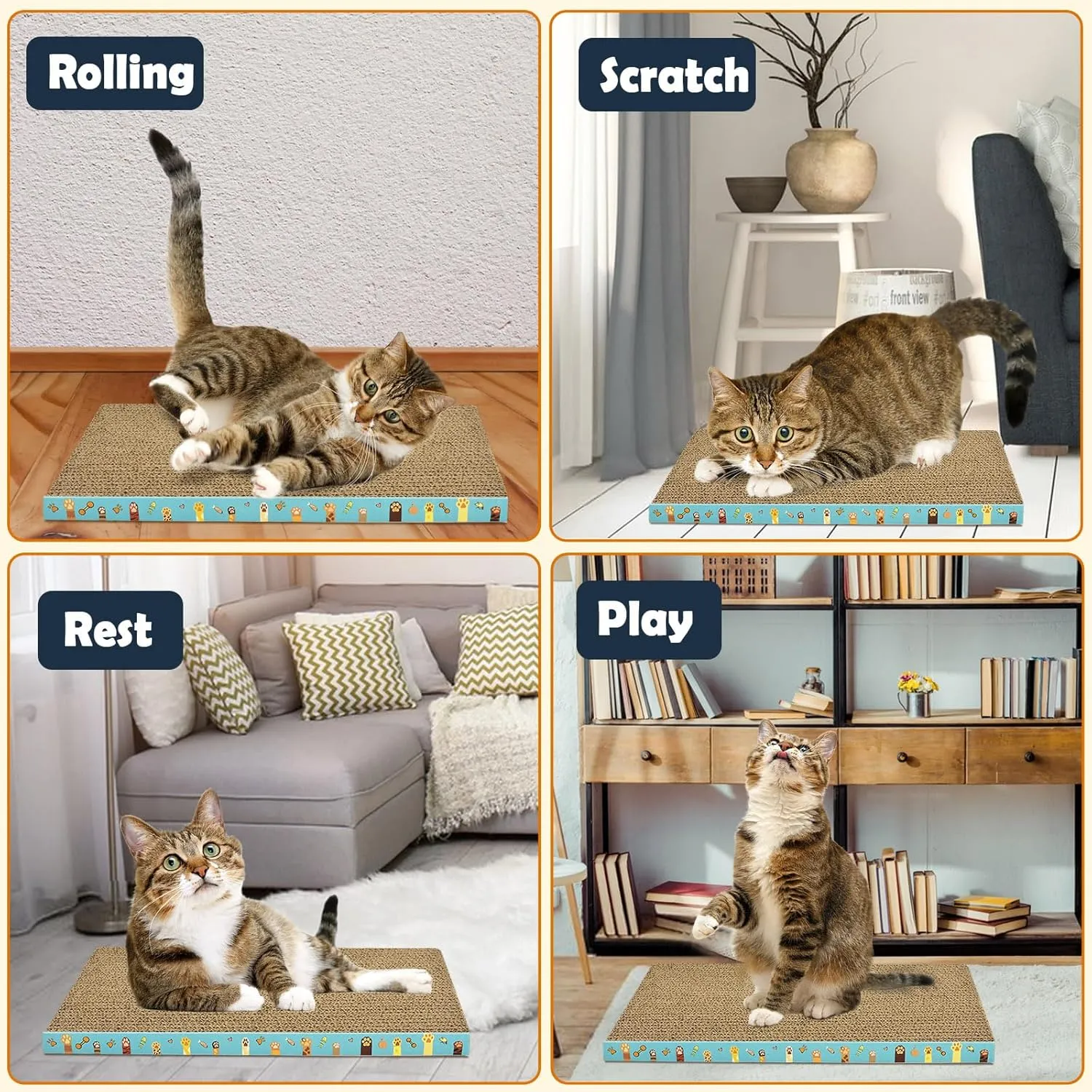 Cardboard Cat Scratcher 3 Pack Refill Reversible Cat Scratching Pad Durable Cat Scratchers for Indoor Cats Kitten to Protect The Furniture (Cat Paws)