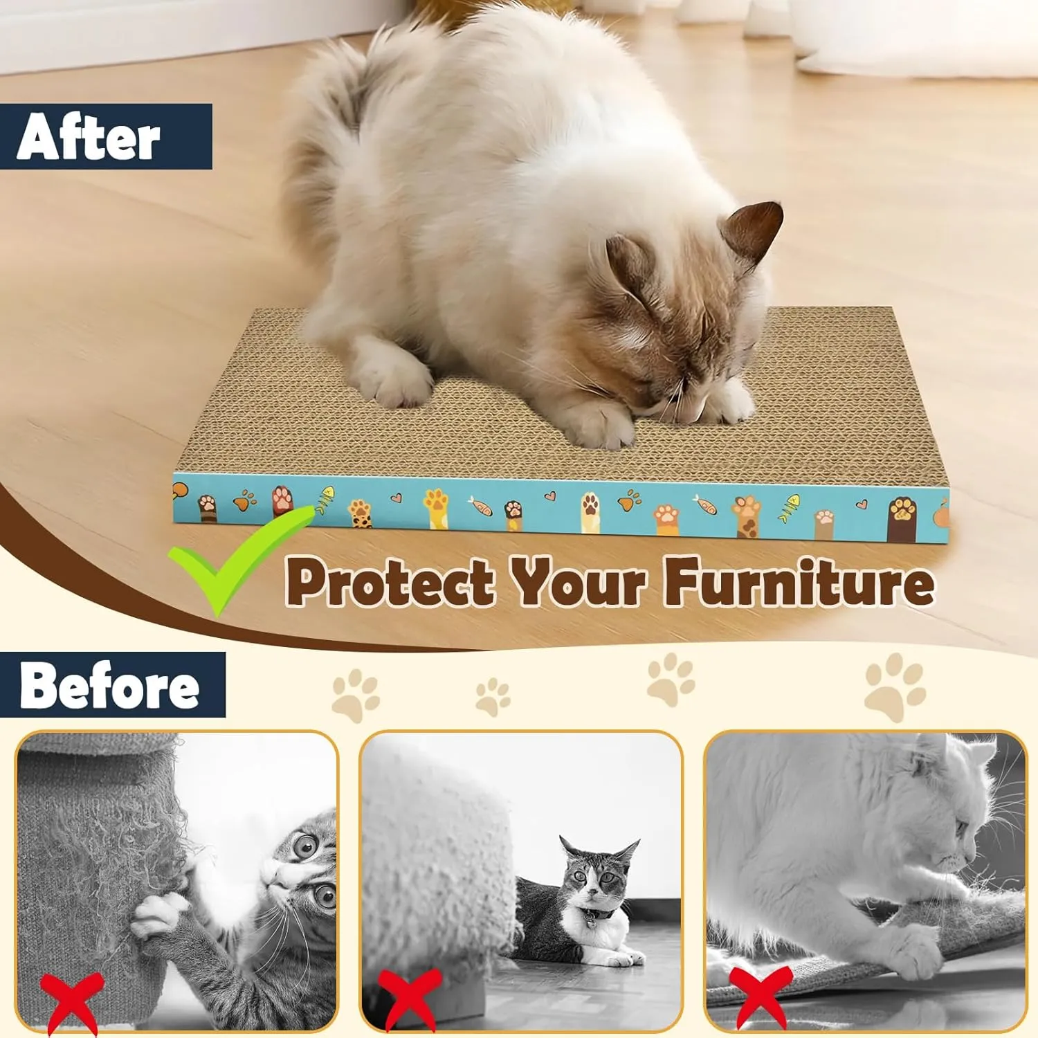 Cardboard Cat Scratcher 3 Pack Refill Reversible Cat Scratching Pad Durable Cat Scratchers for Indoor Cats Kitten to Protect The Furniture (Cat Paws)