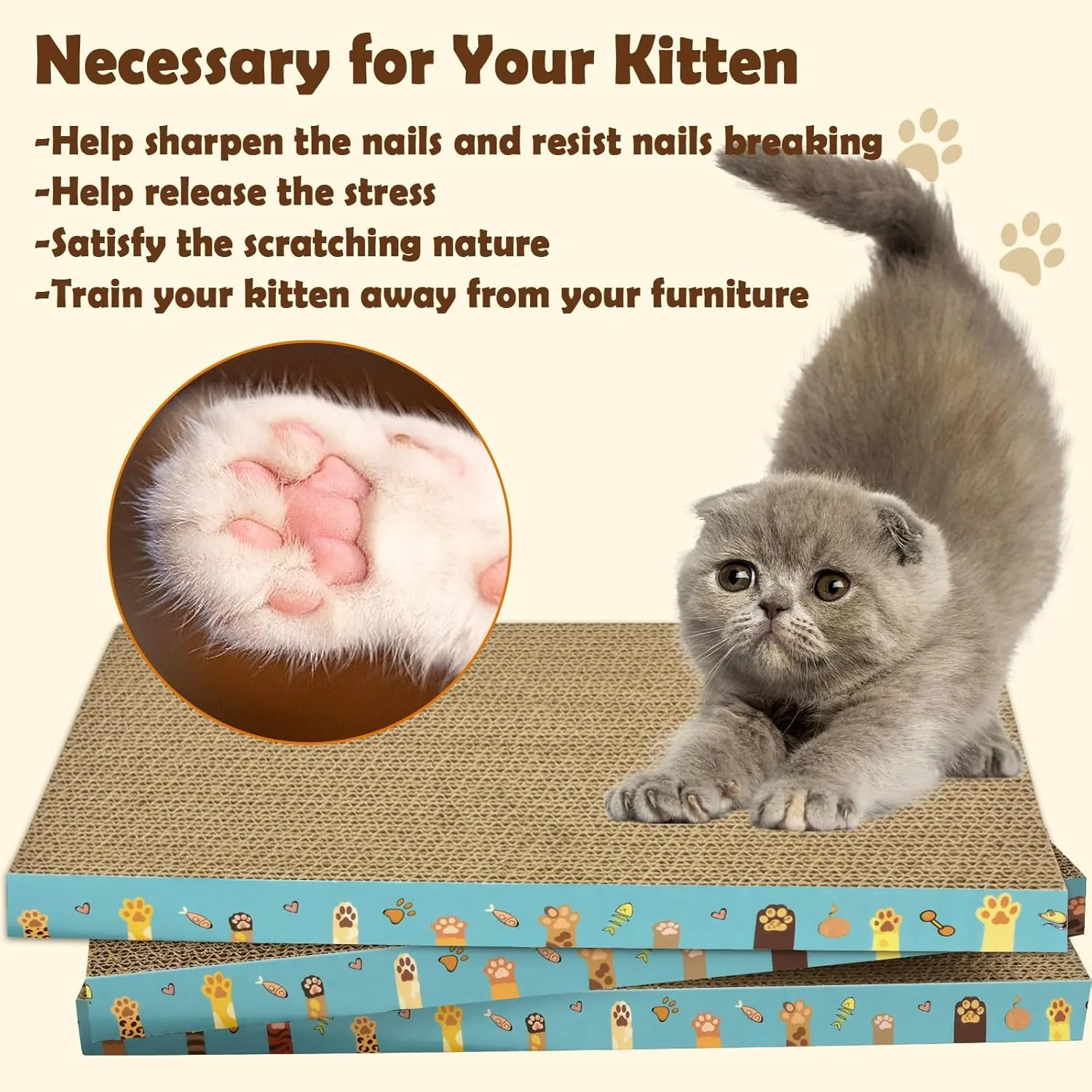 Cardboard Cat Scratcher 3 Pack Refill Reversible Cat Scratching Pad Durable Cat Scratchers for Indoor Cats Kitten to Protect The Furniture (Cat Paws)