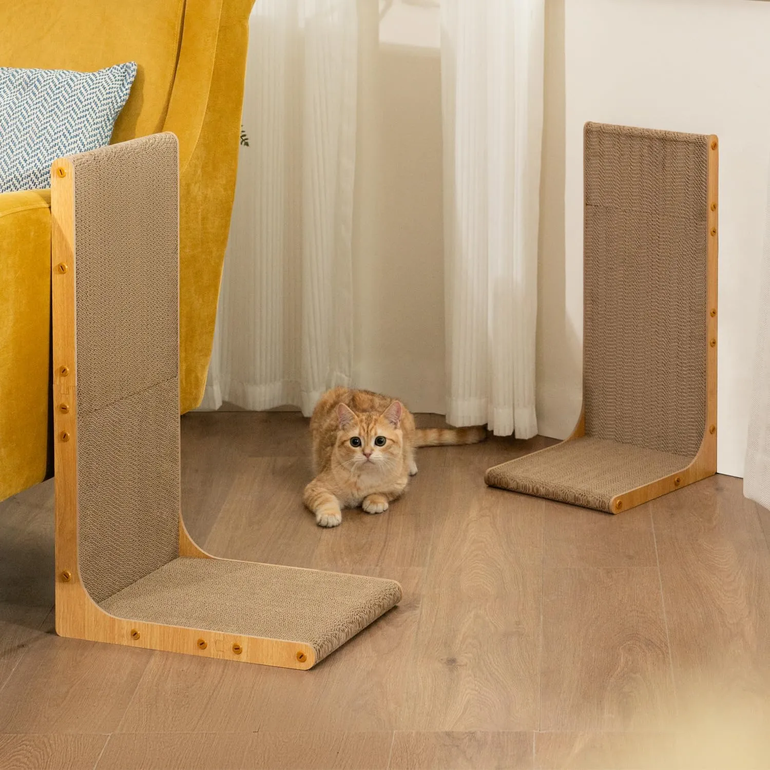 Cardboard Cat Scratcher,23 Inch L Shape Scratch Pad Wall Mounted,Vertical Scratching Board, Durable Cardboard to Protect Furniture for Indoor Cats,Light Wood Large