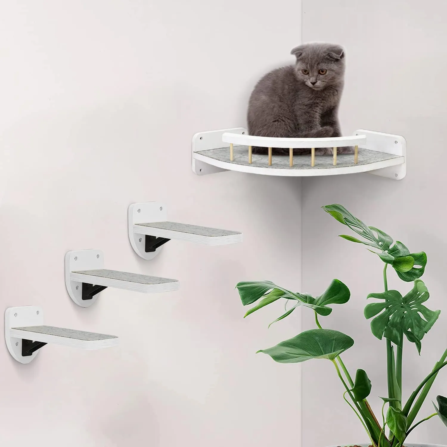Cat Hammock Wall Shelves with 3 Steps, Cat Shelves and Perches, Wall Furniture and Climbing Shelf, Kitty Scratching Post Shelf for Indoor with Plush Covered, Gift for Kitty