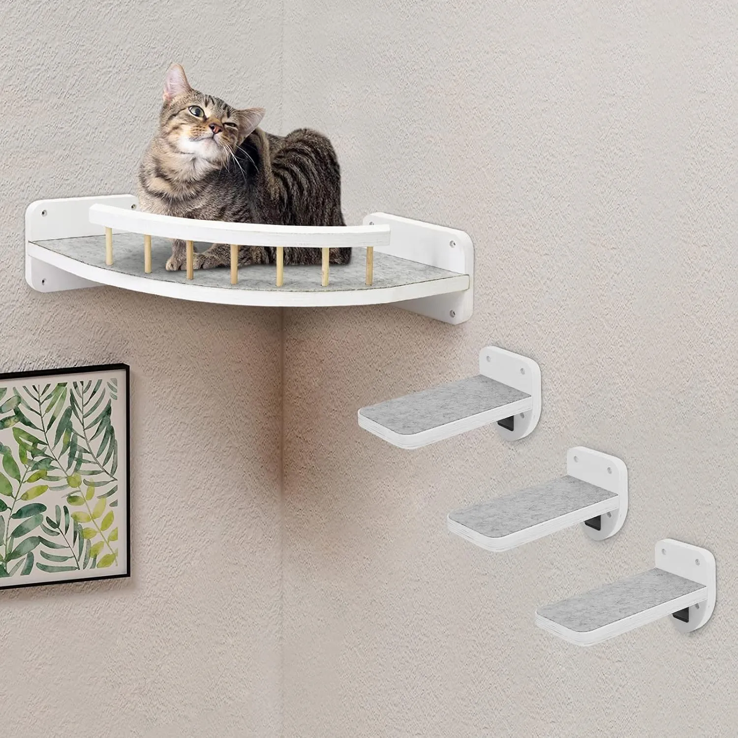 Cat Hammock Wall Shelves with 3 Steps, Cat Shelves and Perches, Wall Furniture and Climbing Shelf, Kitty Scratching Post Shelf for Indoor with Plush Covered, Gift for Kitty