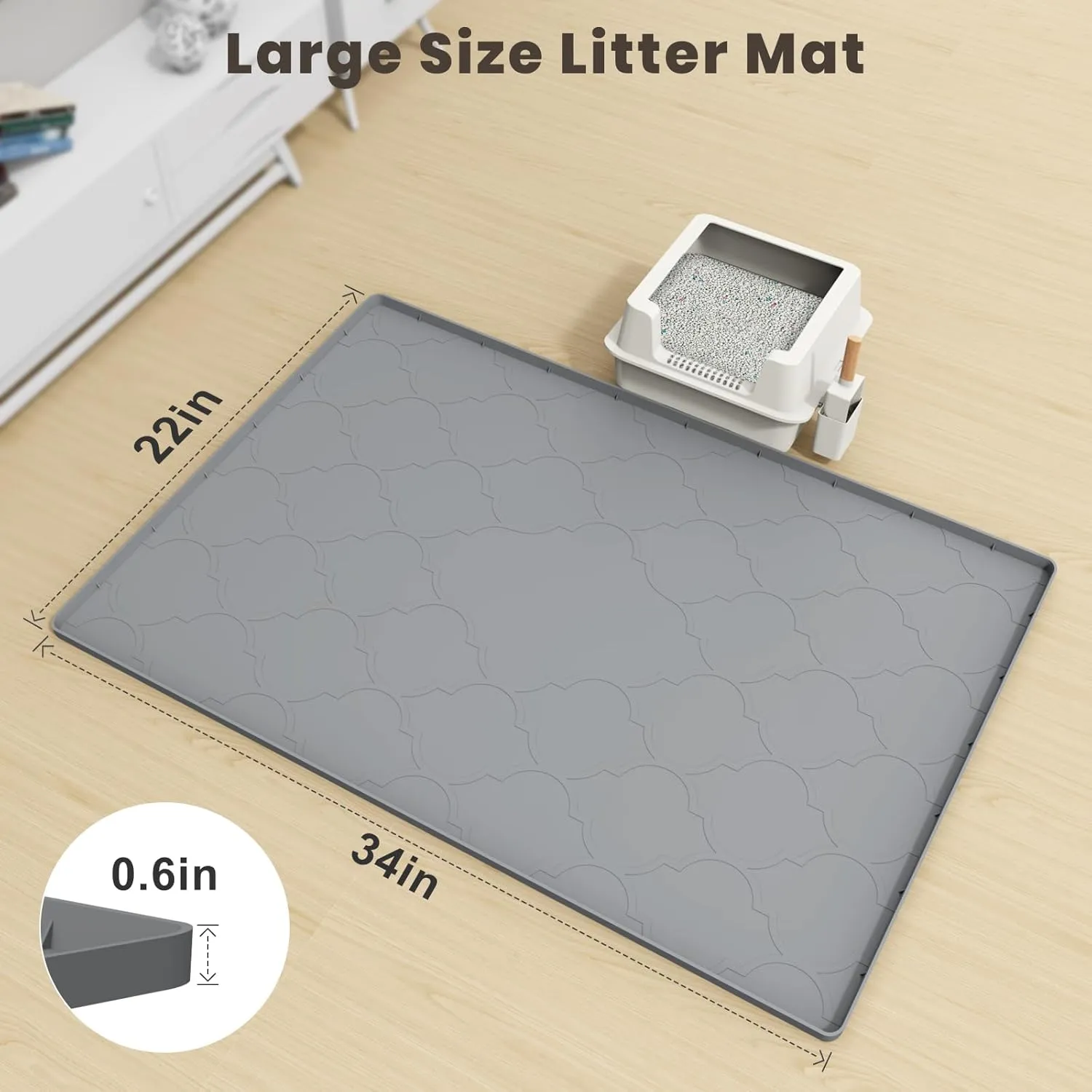 Cat Litter Box Mat, 34" X 22" Large Cat Silicone Litter Trapping Mat, Easy Clean for Scatter Control, Soft on Kitty Paws, Waterproof, Urine-Proof, Non-Slip Kitty Litter Mat for Floor, Gray
