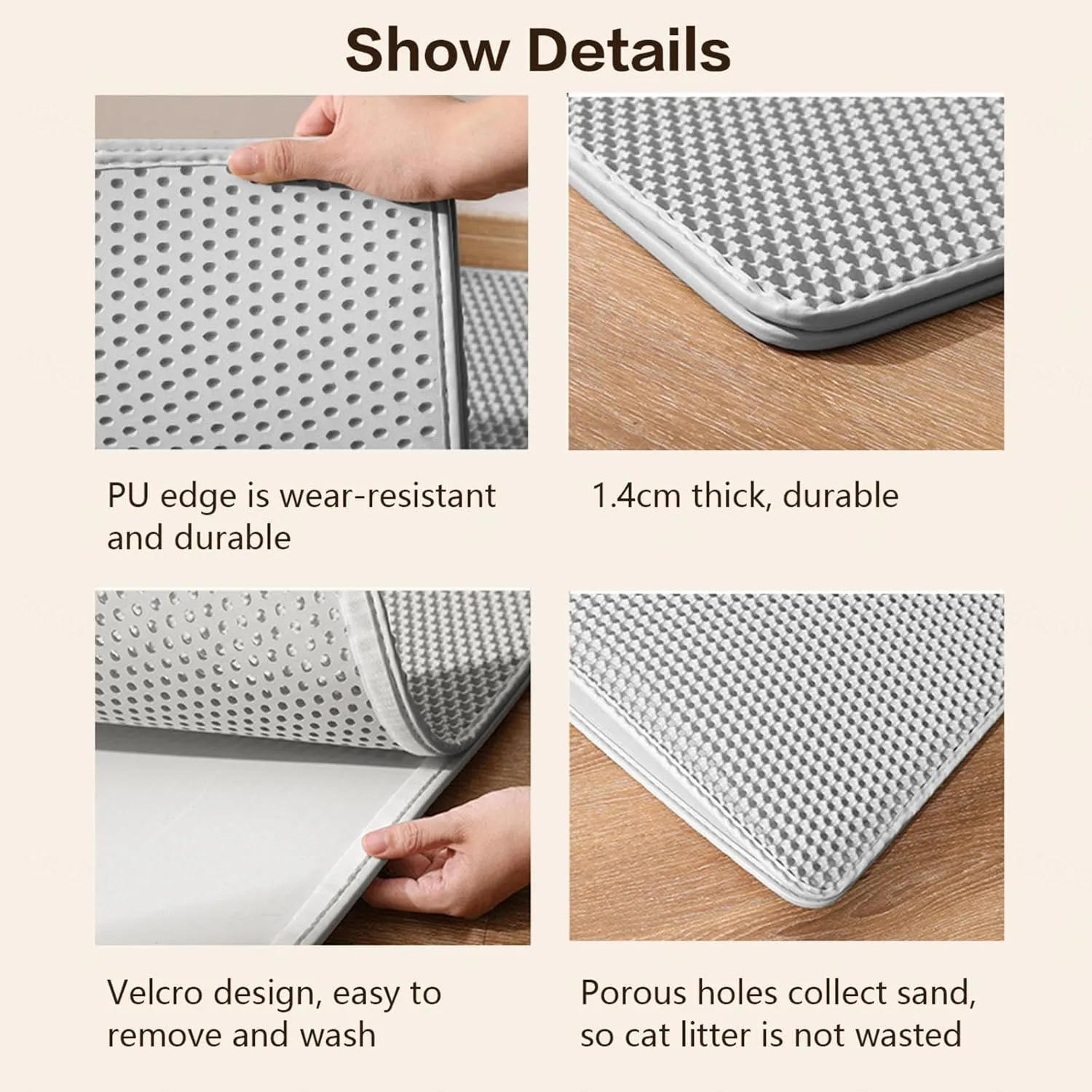 Cat Litter Mat Litter Trapping Mat, Honeycomb Double Layer Easy Clean Cat Litter Trap Mats Less Waste,Soft On Paws,Non-Slip, Cat Litter Trap Mats,Gray-L