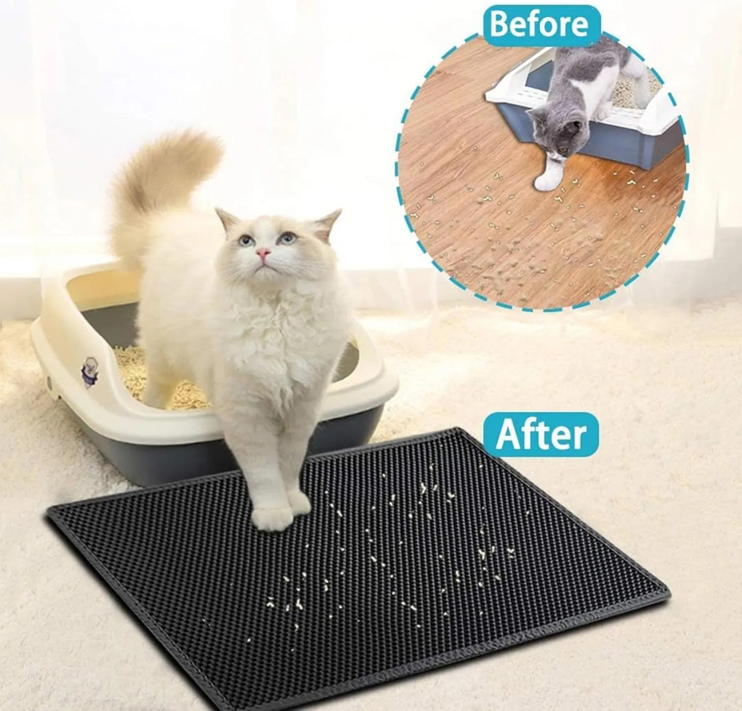 Cat Litter Mat Litter Trapping Mat, Honeycomb Double Layer Easy Clean Cat Litter Trap Mats Less Waste,Soft On Paws,Non-Slip, Cat Litter Trap Mats,Gray-L
