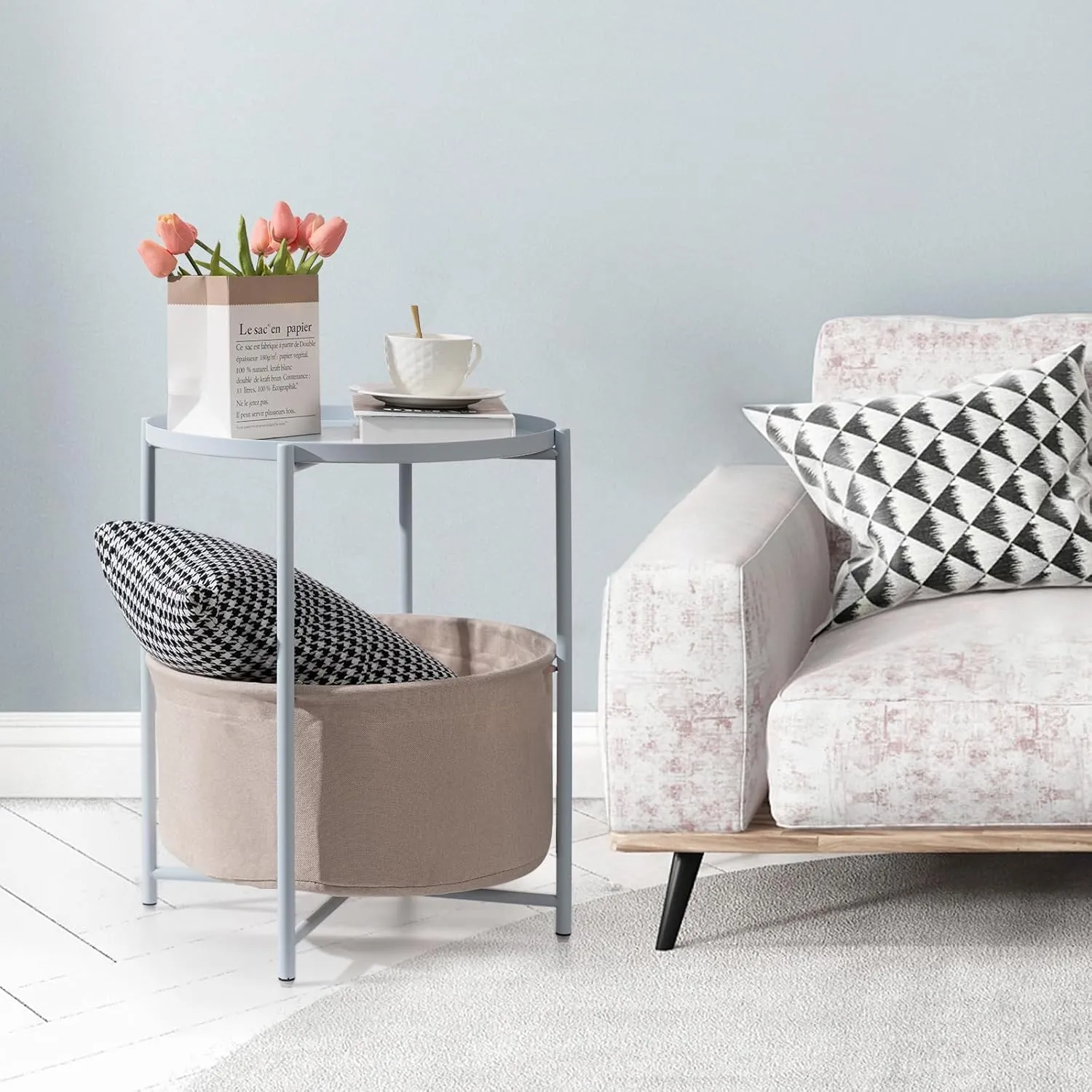danpinera Round Side Table with Fabric Storage Basket, Metal Side Table Small Bedside Nightstand with Removable Tray Top for Living Room, Bedroom, Nursery, Laundry, Blue-Gray