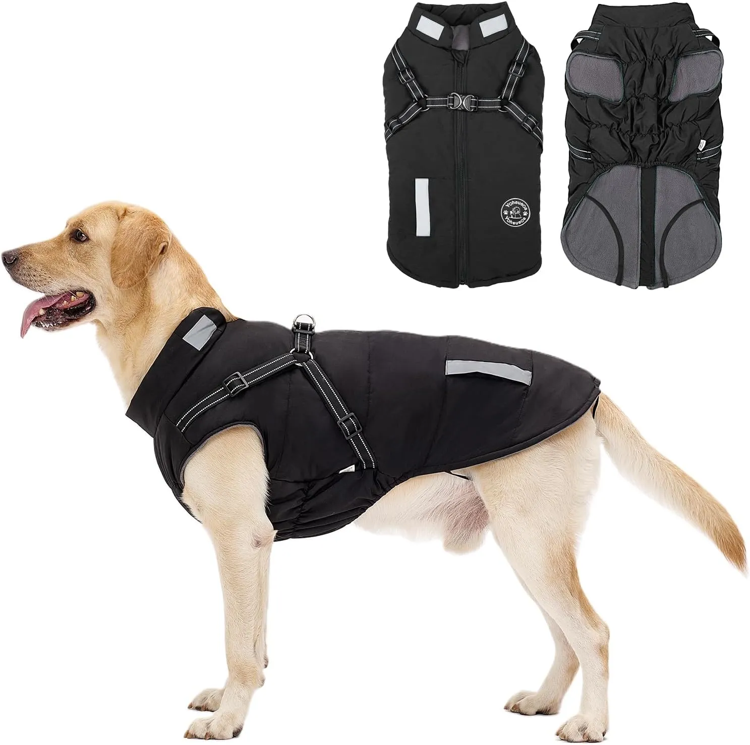 Dog Coat: Warm Dog Jacket Dog Winter Coat - Dog Fleece Jacket with Harness Built in, Dog Cold Weather Coat with Reflective Stripes, Waterproof Dog Vest, Dog Coats for Small Medium Large Dogs Black XL