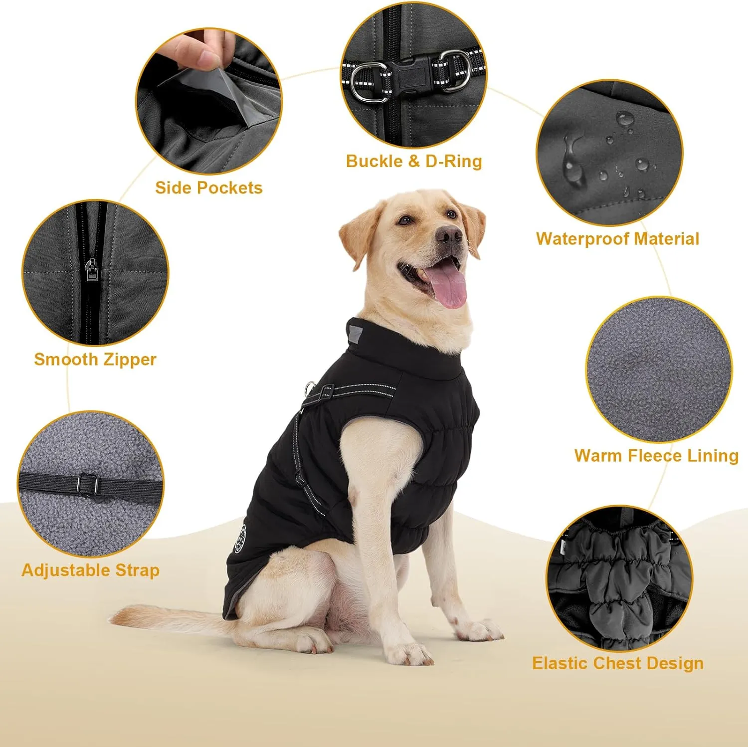 Dog Coat: Warm Dog Jacket Dog Winter Coat - Dog Fleece Jacket with Harness Built in, Dog Cold Weather Coat with Reflective Stripes, Waterproof Dog Vest, Dog Coats for Small Medium Large Dogs Black XL