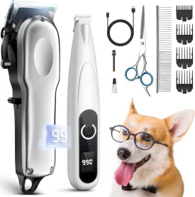 Dog Grooming Kit with Dog Paw Trimmer for Heavy Thick Hair, Low Noise Clippers for Grooming with Stainless Steel Blade, Cordless Dog Hair Clippers, Rechargeable Dog Shaver for Pets Cats