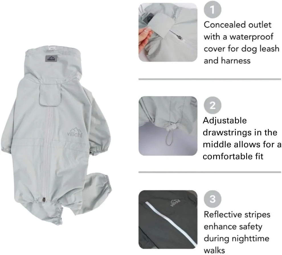 Dog Raincoat, Waterproof Coat, Light Weight & Weather Resistant Shell, Full Coverage Rain Jacket with Legs, Grey, Including Storage Bag, for Medium Breed (X-Large)