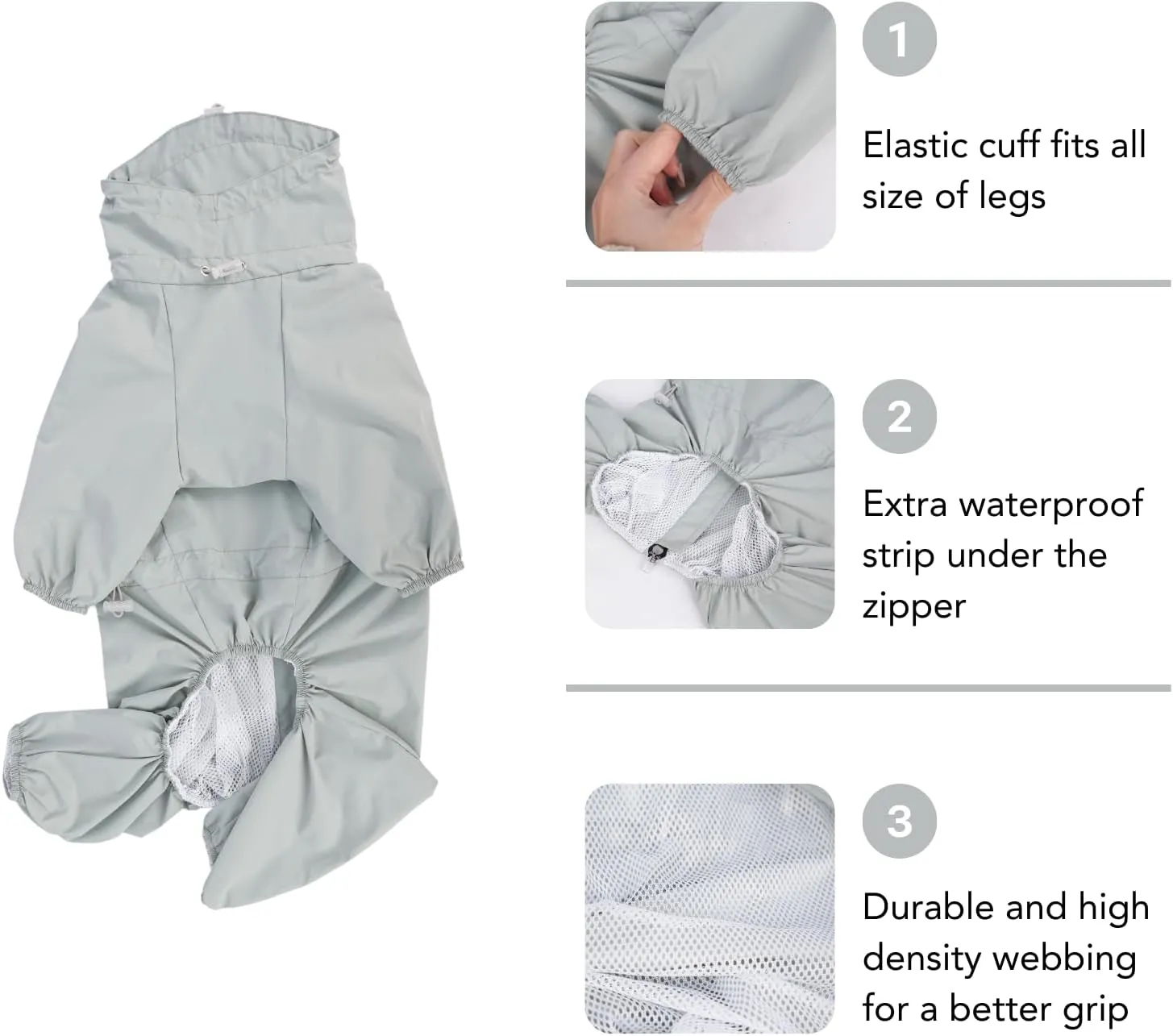 Dog Raincoat, Waterproof Coat, Light Weight & Weather Resistant Shell, Full Coverage Rain Jacket with Legs, Grey, Including Storage Bag, for Medium Breed (X-Large)