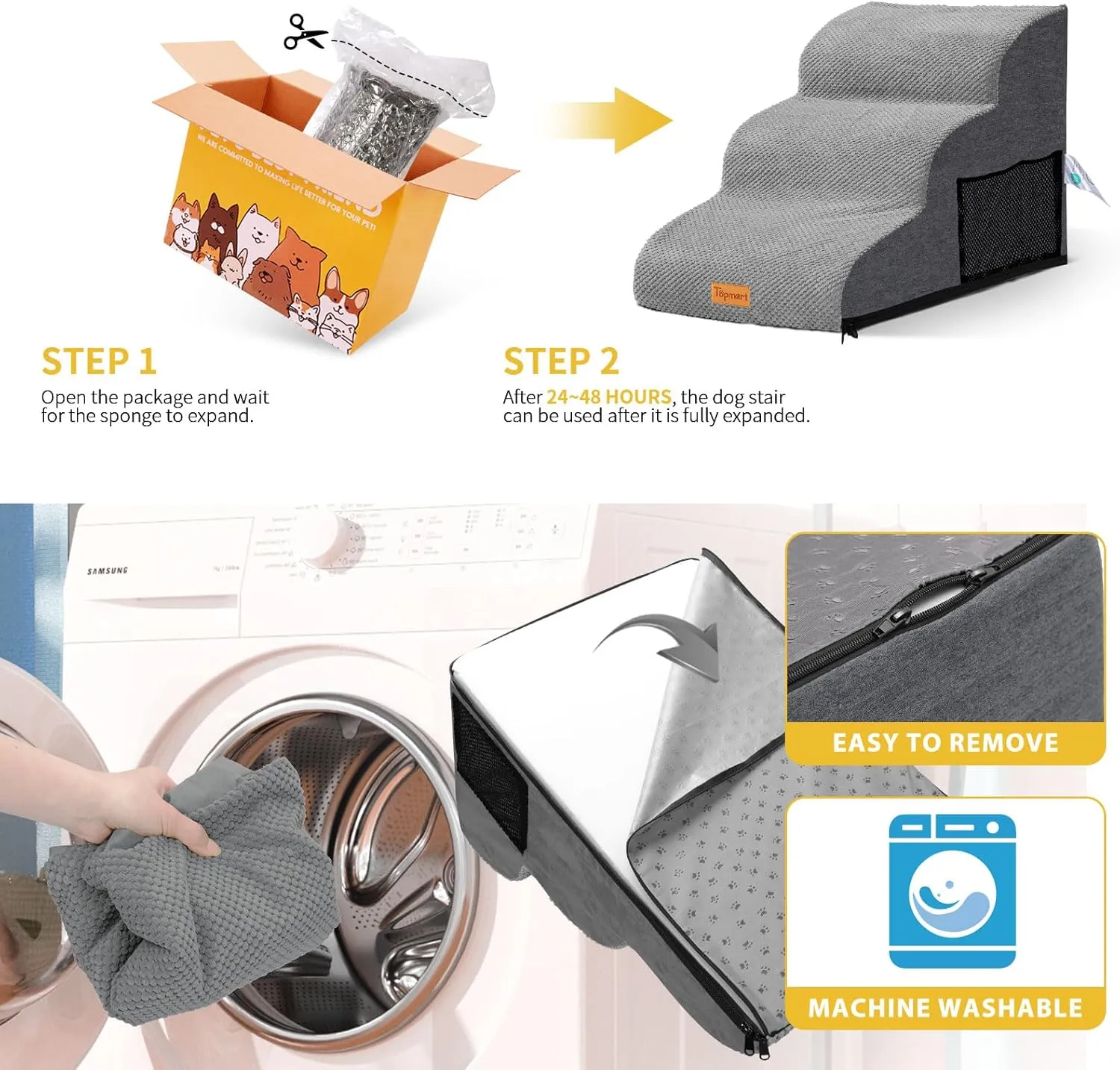 Dog Stairs for Small Dogs,3-Step,Foam Dog Steps&Ramps for Couch/High Beds with Waterproof &Removable Cover, Non-Slip, Grey
