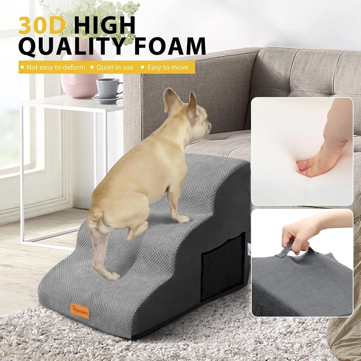 Dog Stairs for Small Dogs,3-Step,Foam Dog Steps&Ramps for Couch/High Beds with Waterproof &Removable Cover, Non-Slip, Grey