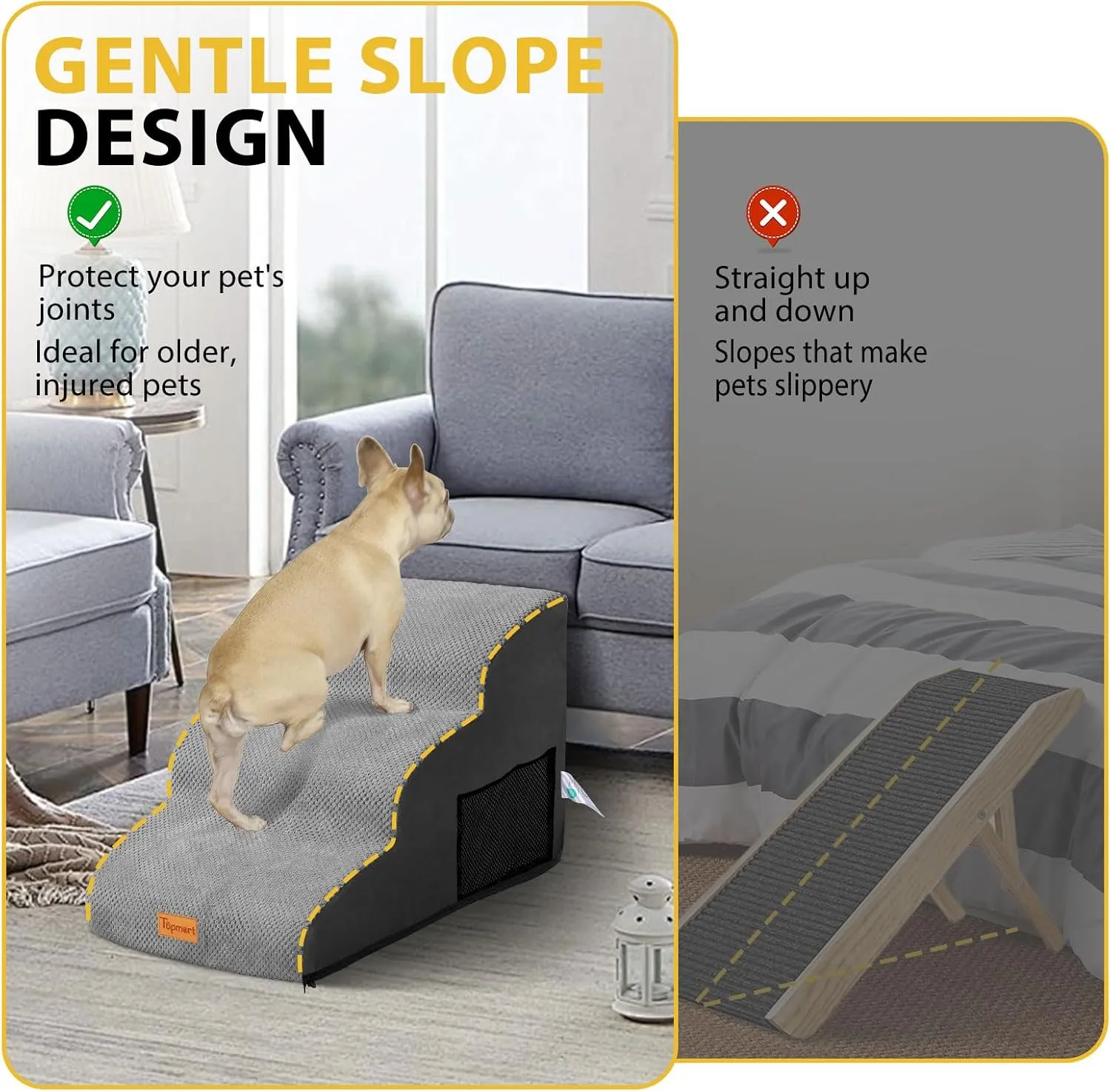 Dog Stairs for Small Dogs,3-Step,Foam Dog Steps&Ramps for Couch/High Beds with Waterproof &Removable Cover, Non-Slip, Grey