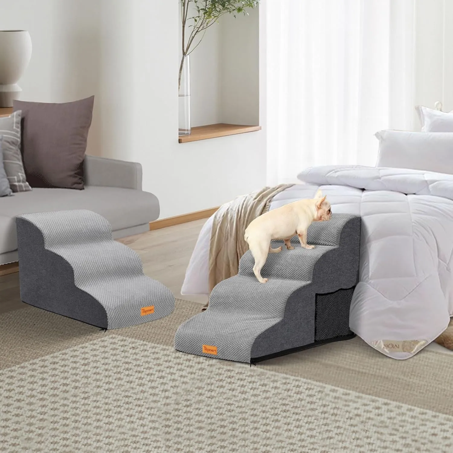 Dog Stairs for Small Dogs,3-Step,Foam Dog Steps&Ramps for Couch/High Beds with Waterproof &Removable Cover, Non-Slip, Grey