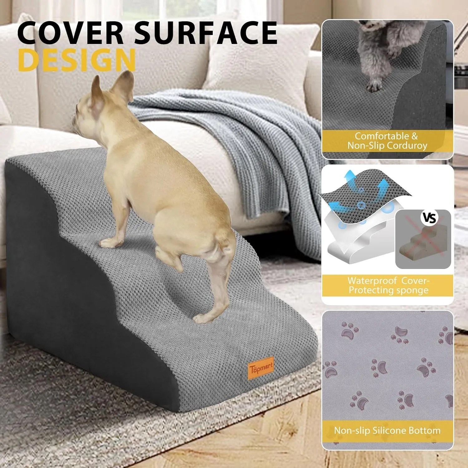 Dog Stairs for Small Dogs,3-Step,Foam Dog Steps&Ramps for Couch/High Beds with Waterproof &Removable Cover, Non-Slip, Grey