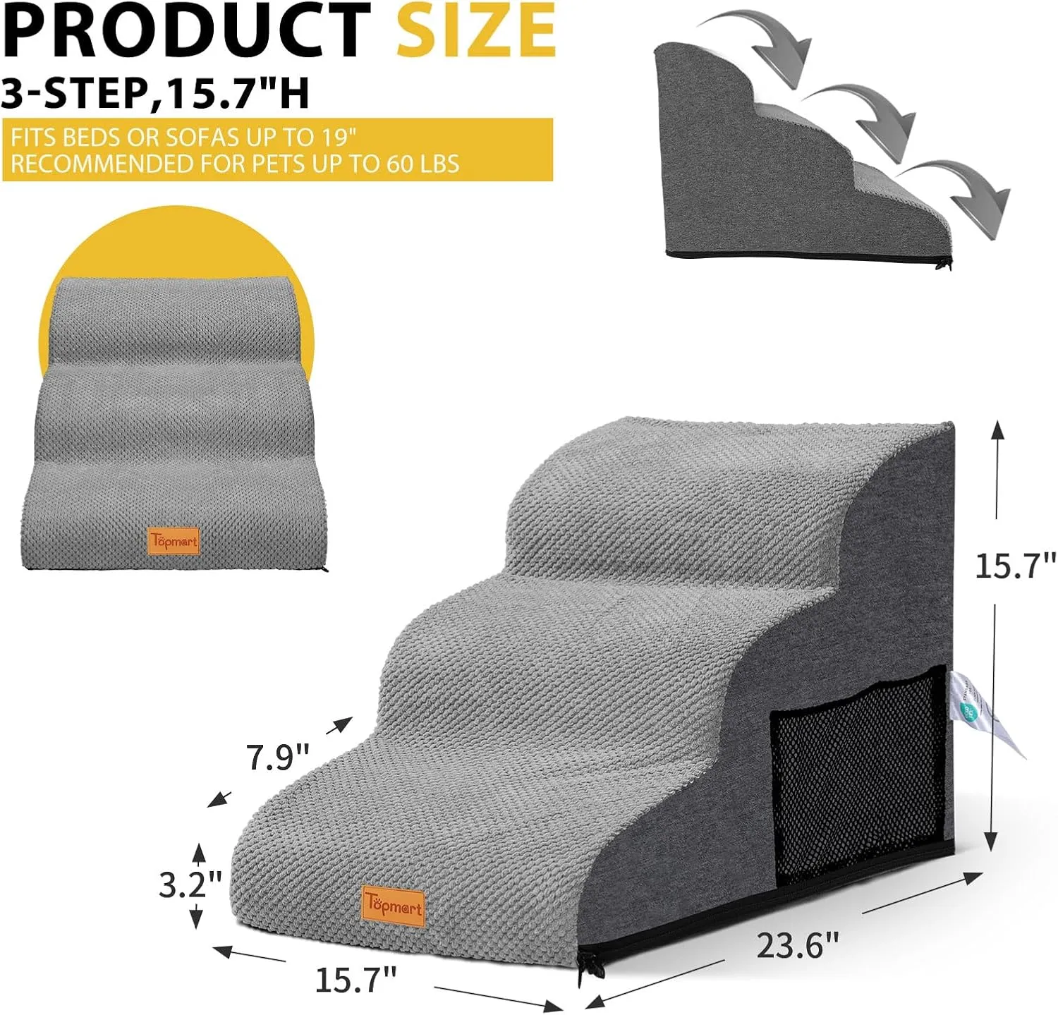 Dog Stairs for Small Dogs,3-Step,Foam Dog Steps&Ramps for Couch/High Beds with Waterproof &Removable Cover, Non-Slip, Grey