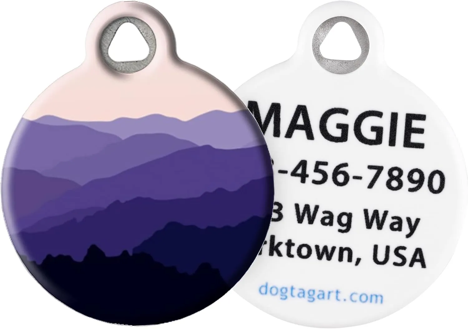 Dog Tag Art Mountain Landscape Custom Pet ID Tag for Dogs and Cats, Silent Polymer Coated Stainless Steel Nametag with Customized Identification Information - Small .875" Diameter