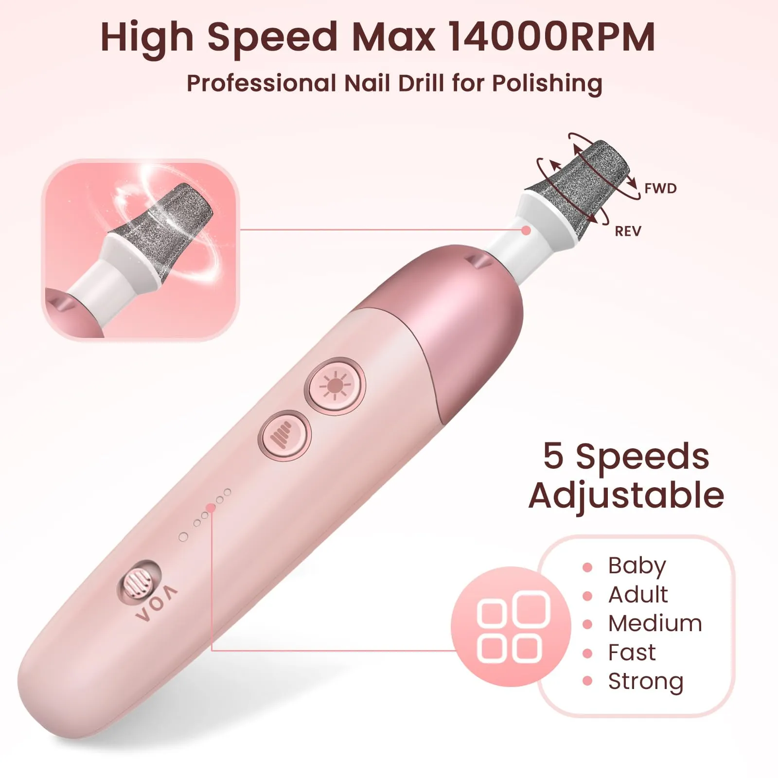 Electric Nail Drill Machine, 8 in 1 Professional Cordless Electric Nail File Kit with LED Light, Professional Manicure and Pedicure Kit for Calluses Nail Polishing Grinder Sander Trimmer with 5 Speeds