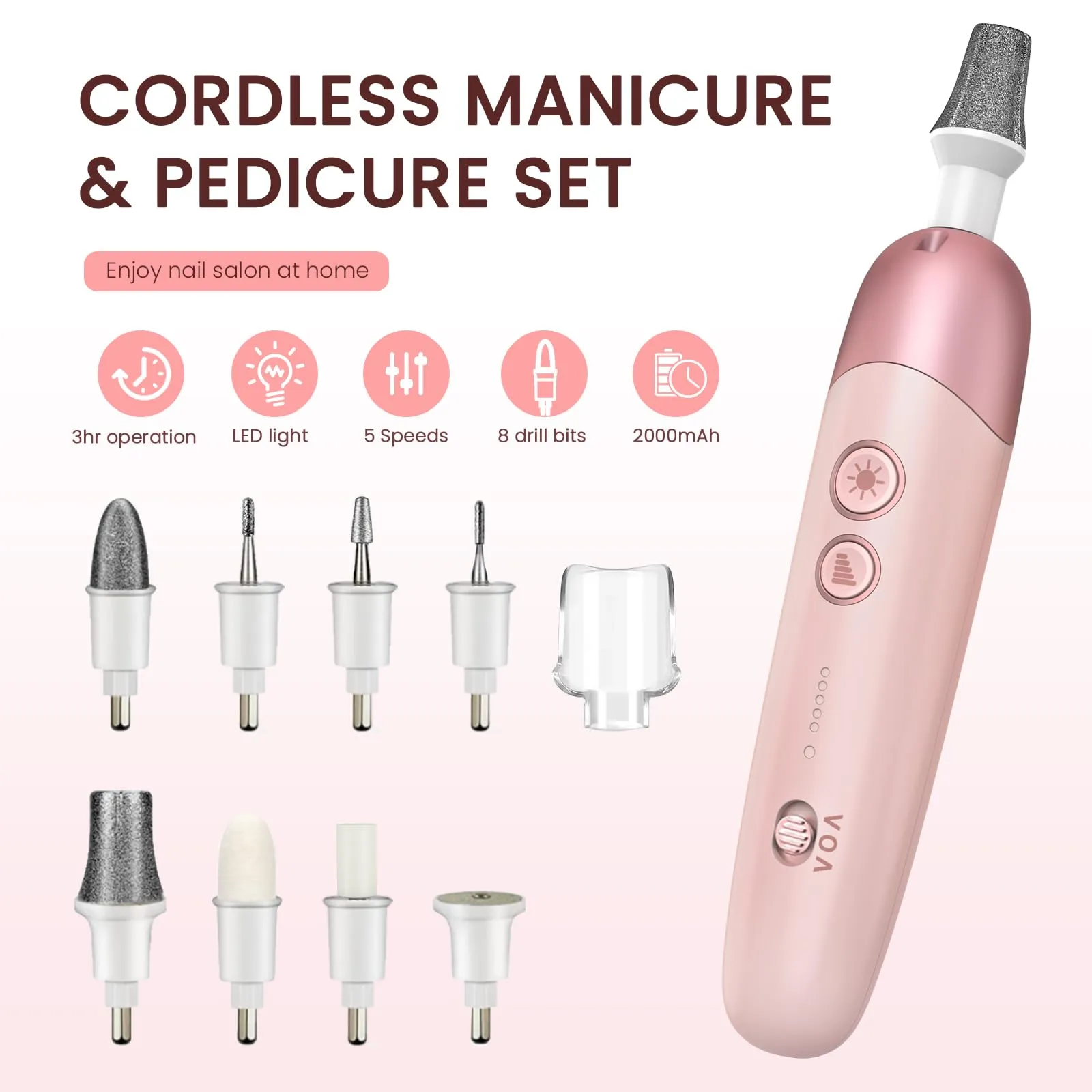 Electric Nail Drill Machine, 8 in 1 Professional Cordless Electric Nail File Kit with LED Light, Professional Manicure and Pedicure Kit for Calluses Nail Polishing Grinder Sander Trimmer with 5 Speeds