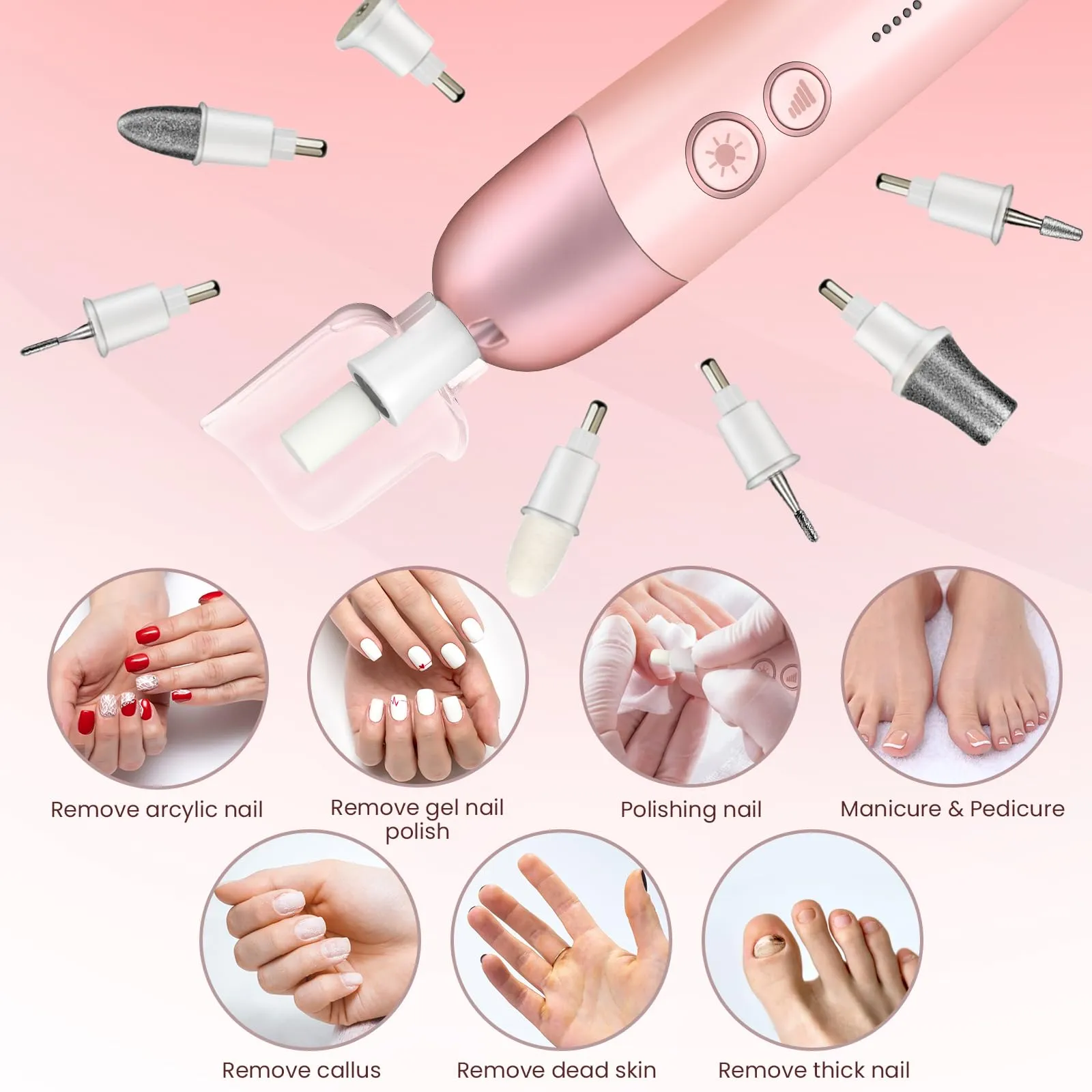 Electric Nail Drill Machine, 8 in 1 Professional Cordless Electric Nail File Kit with LED Light, Professional Manicure and Pedicure Kit for Calluses Nail Polishing Grinder Sander Trimmer with 5 Speeds